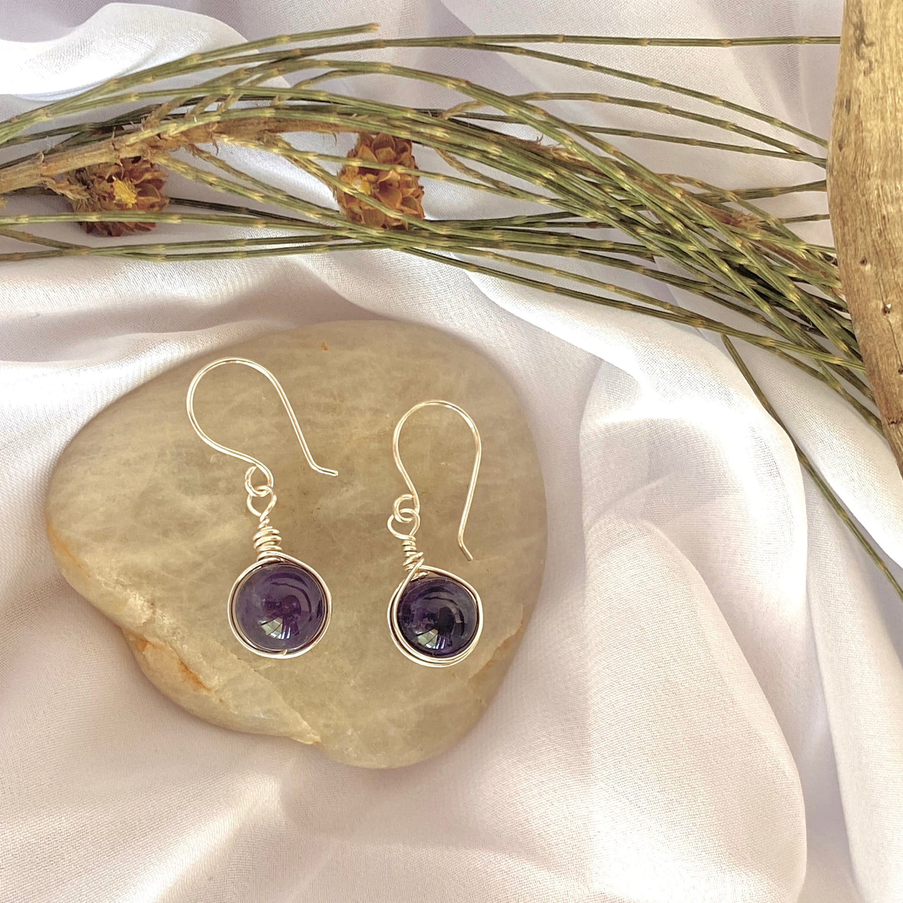Amethyst Gemstone Silver Earrings | Wire Wrap Jewellery