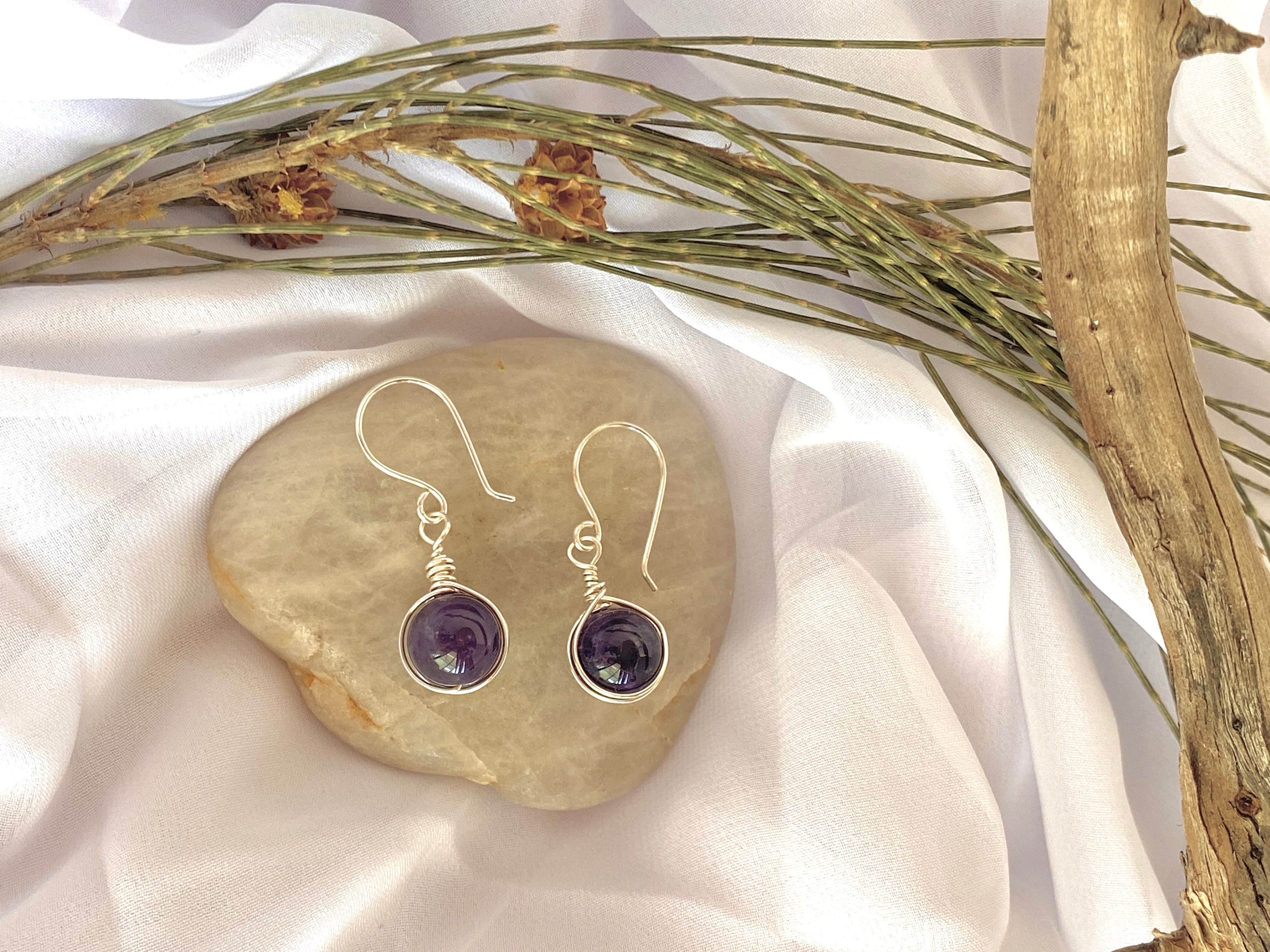 Amethyst Gemstone Silver Earrings | Wire Wrap Jewellery
