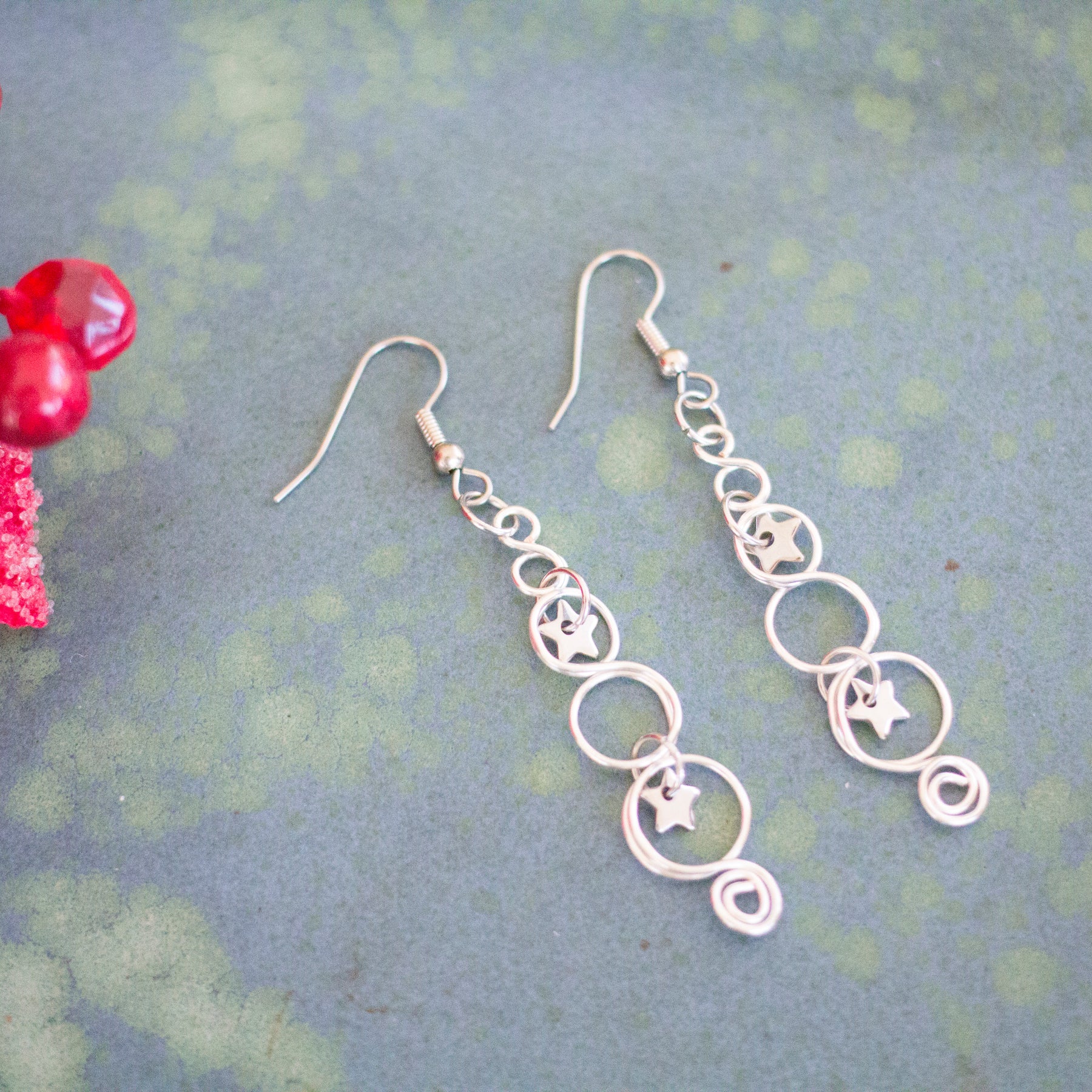 Silver Looped Earrings With Twinkling Stars | Christmas Earrings