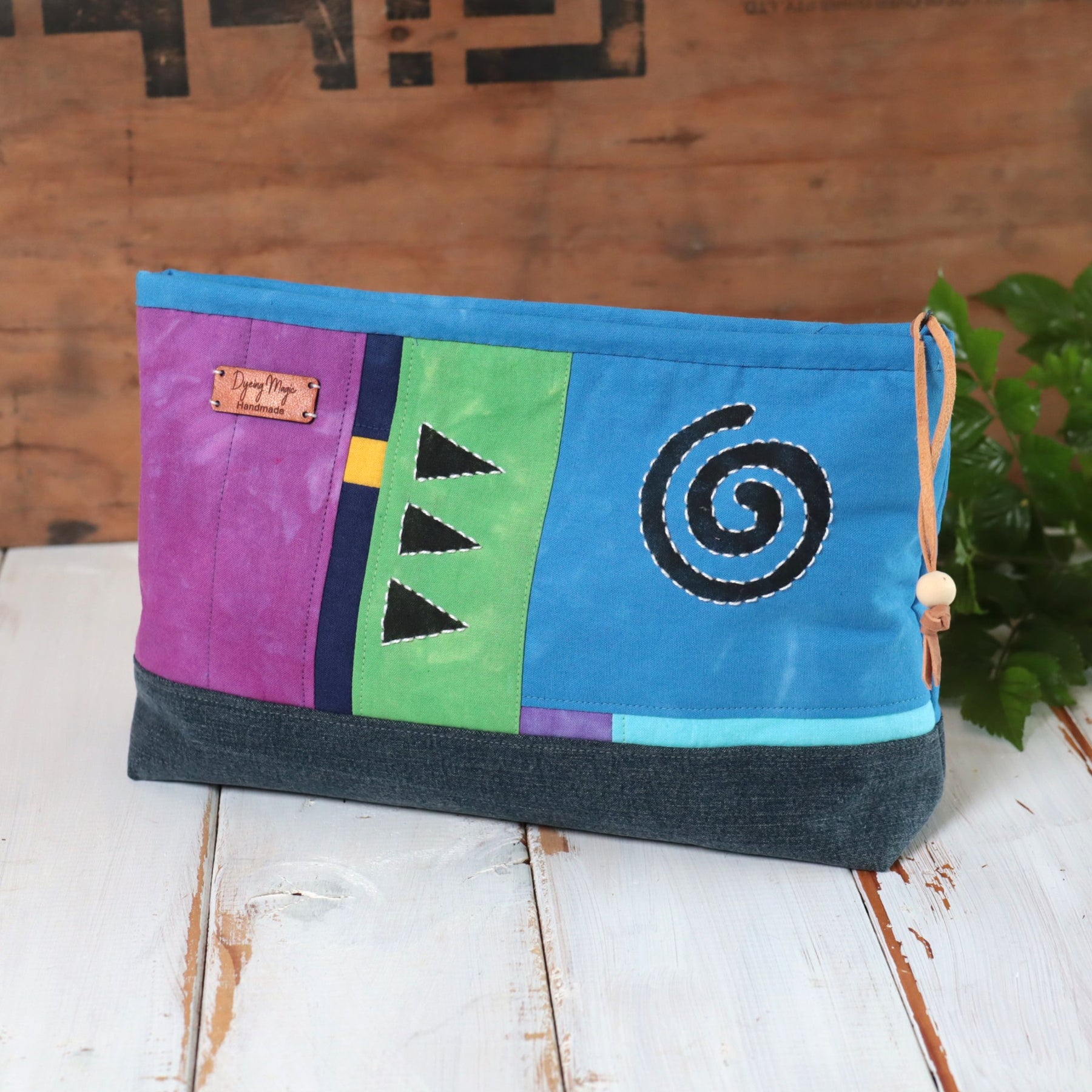 Hand Dyed Zipper Bag, Makeup Bag, Sewing Pouch, Blue and Fuchsia