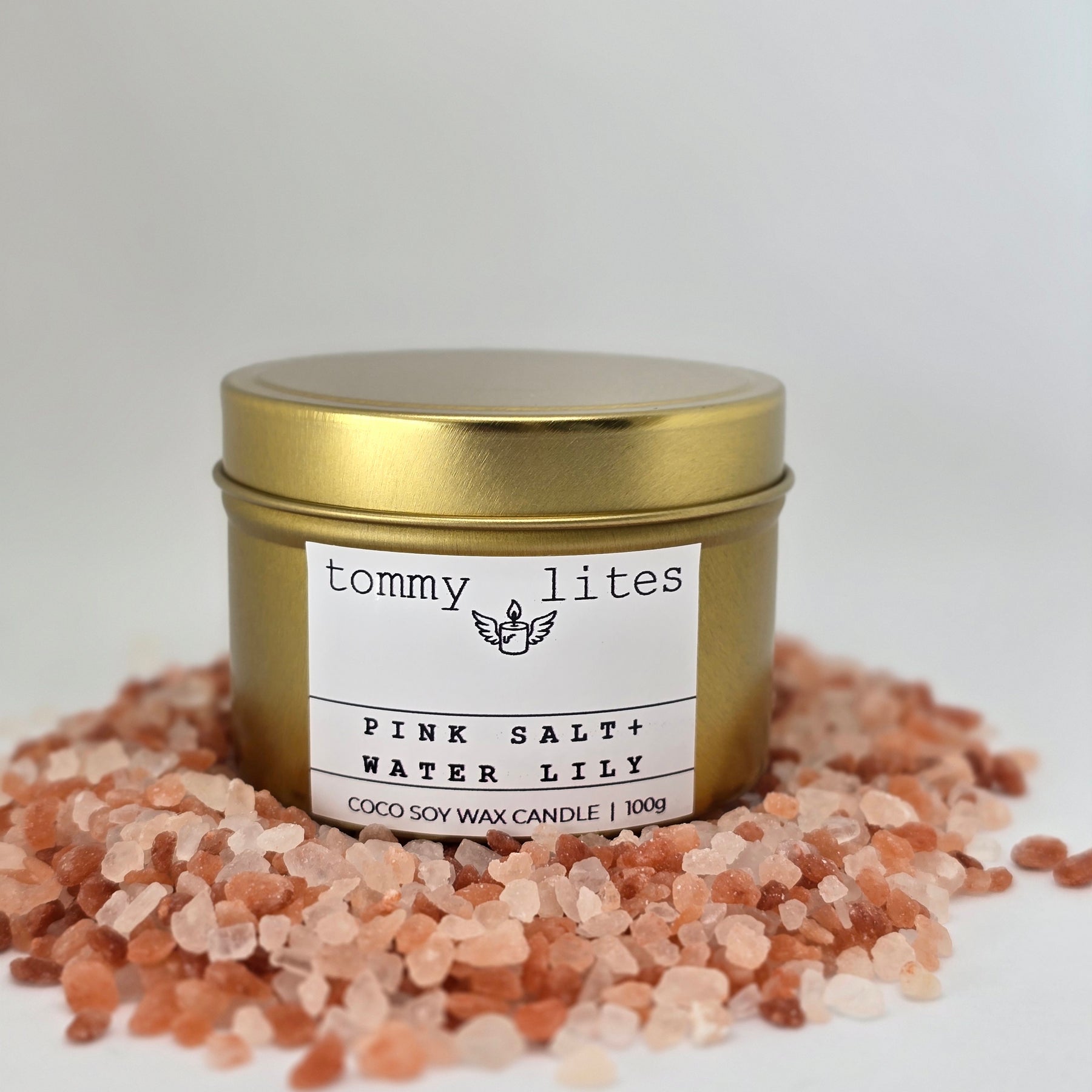 Gold tin Coco Soy wax candle -Pink Salt Waterlily
