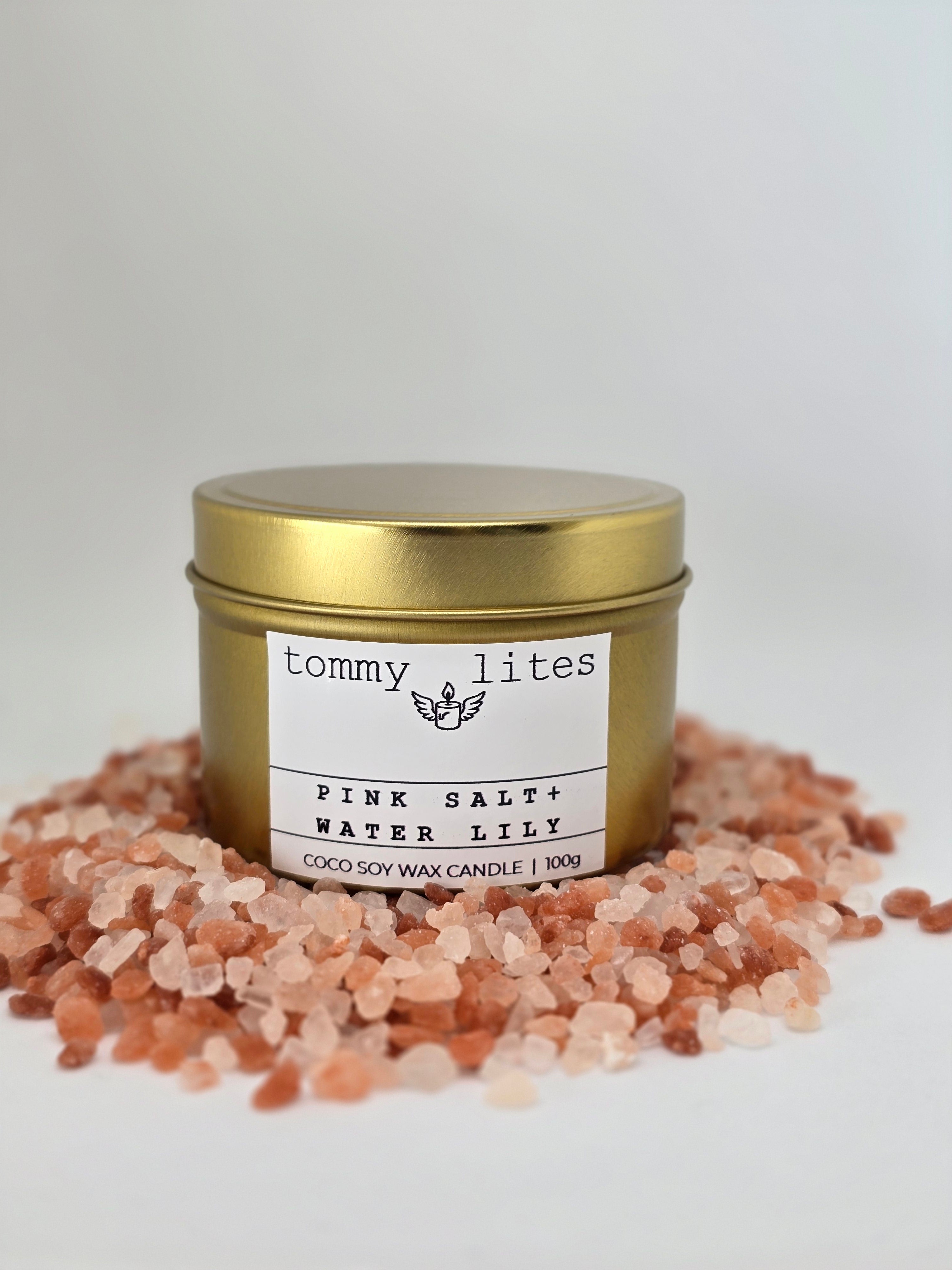 Gold tin Coco Soy wax candle -Pink Salt Waterlily