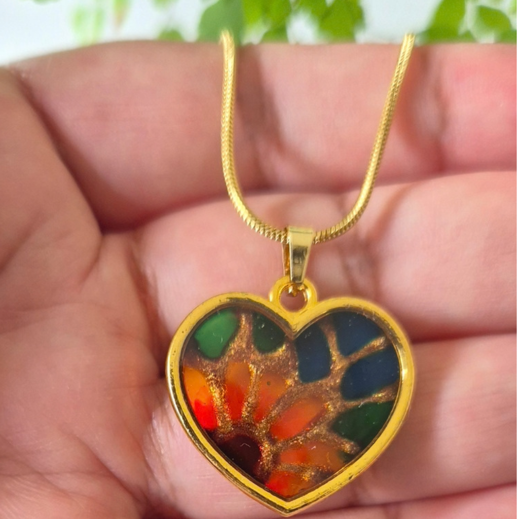 Stained-Glass Effect Resin Sunflower Heart Pendant