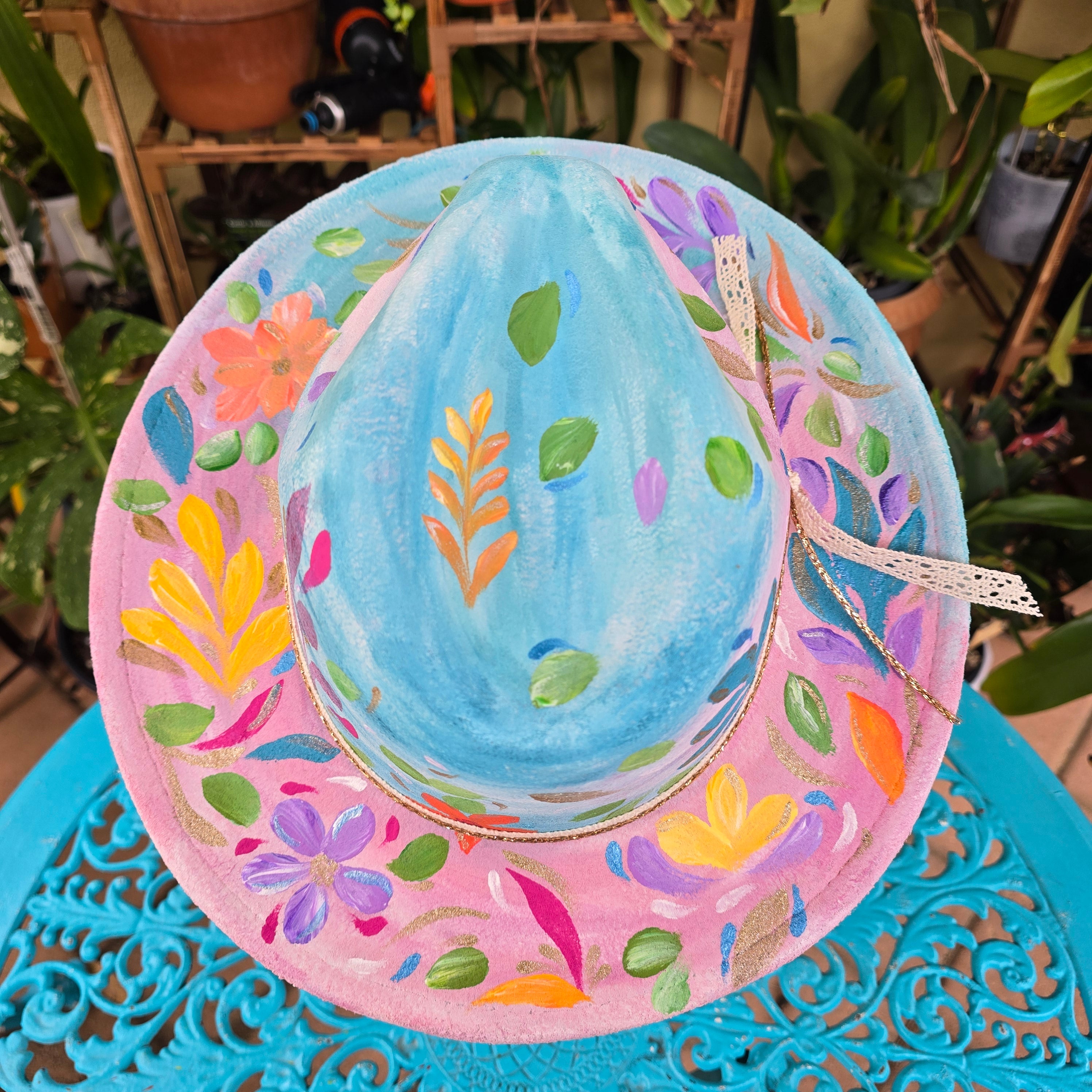 Hand painted :The Happy Bloom Fedora Hat