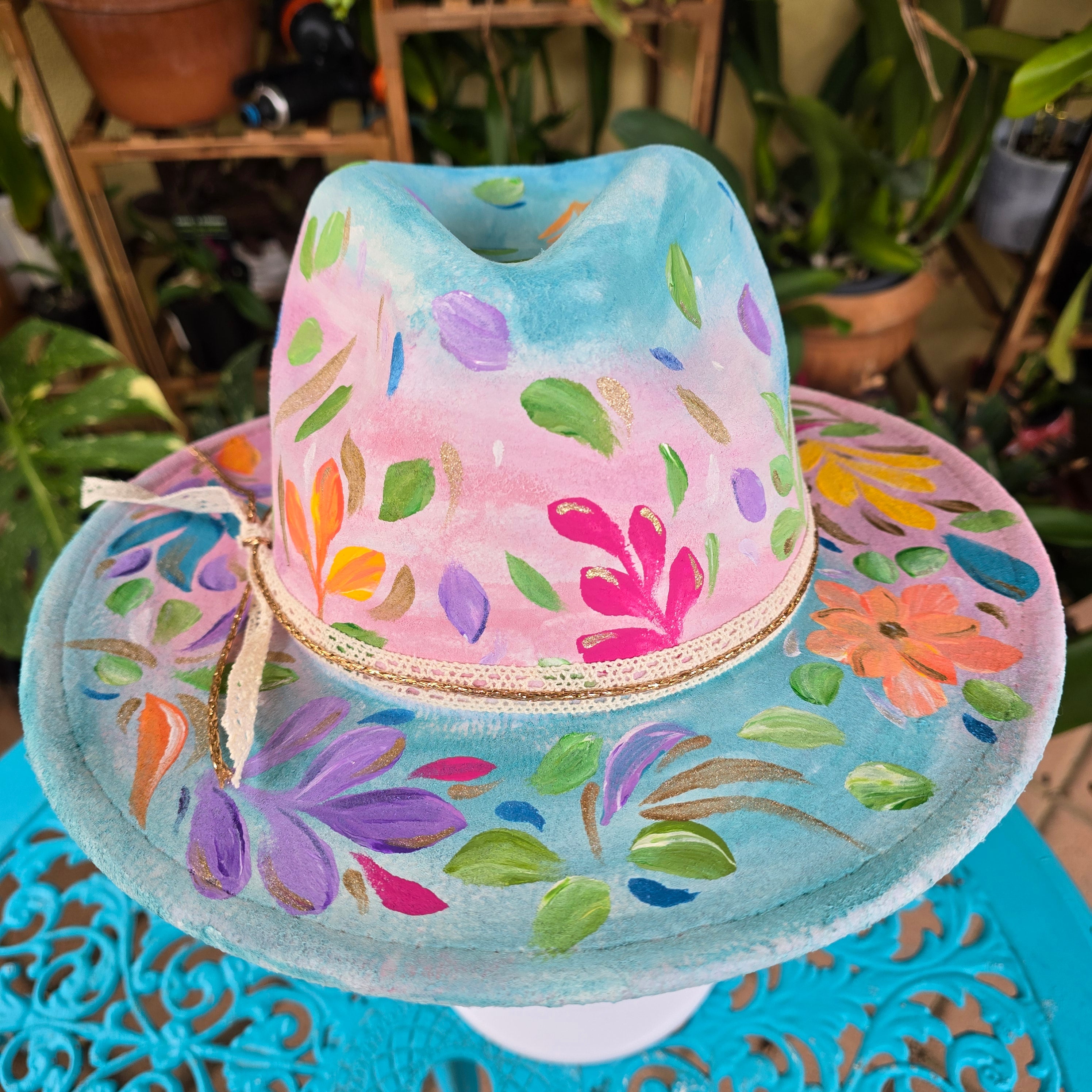 Hand painted :The Happy Bloom Fedora Hat