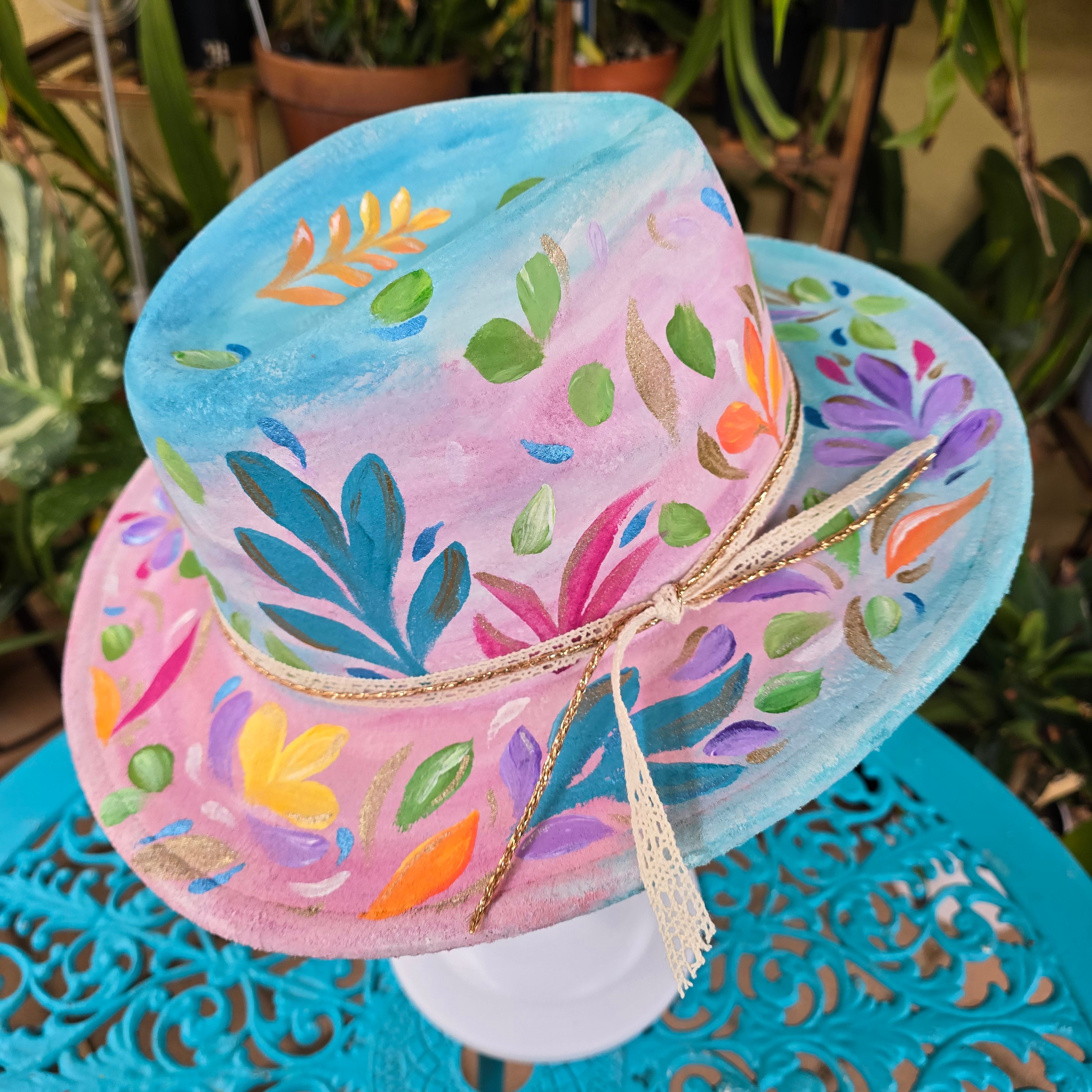 Hand painted :The Happy Bloom Fedora Hat