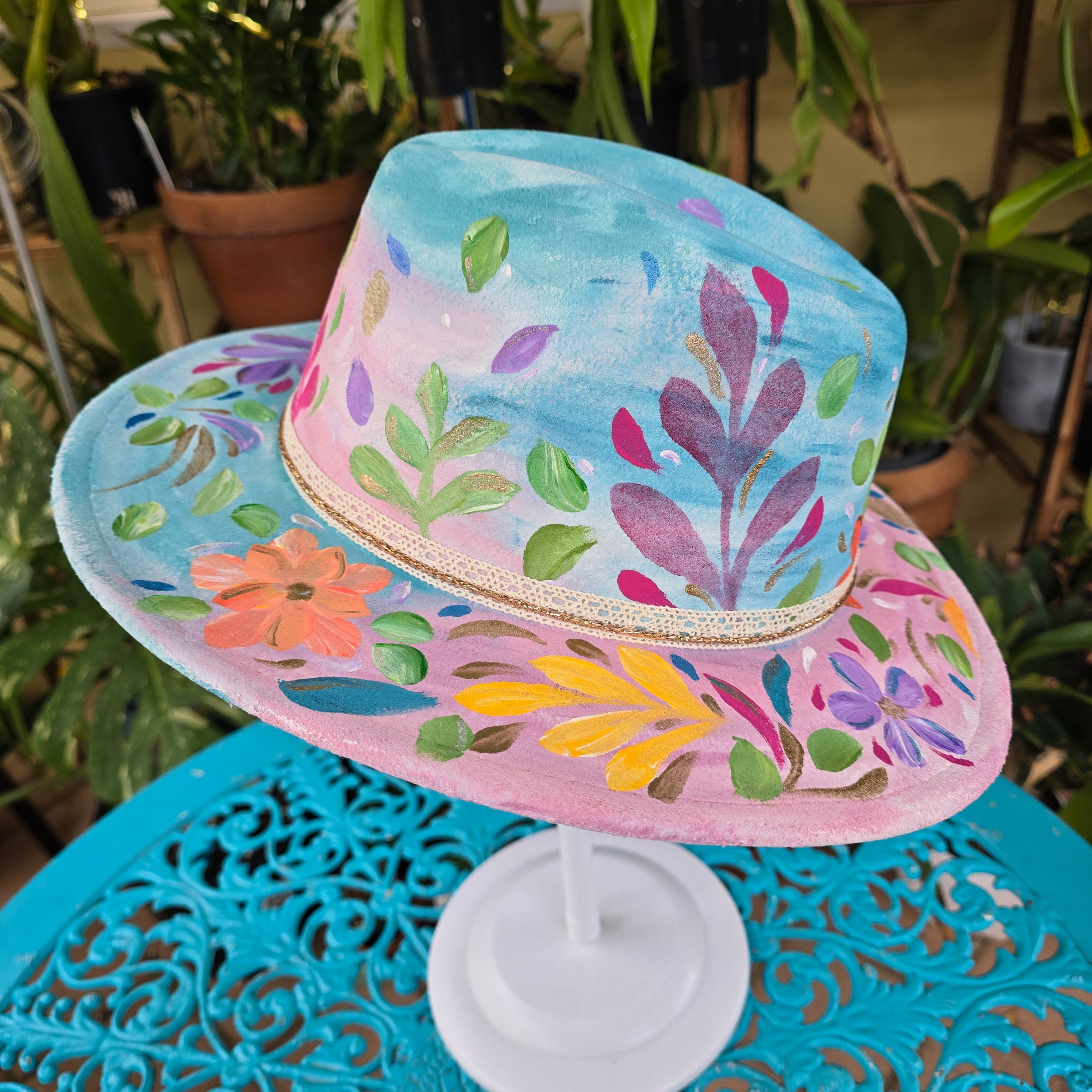 Hand painted :The Happy Bloom Fedora Hat