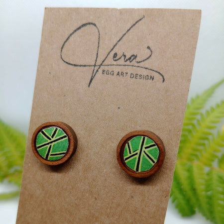 Wood Stud Earrings with Batiked Green Eggshell