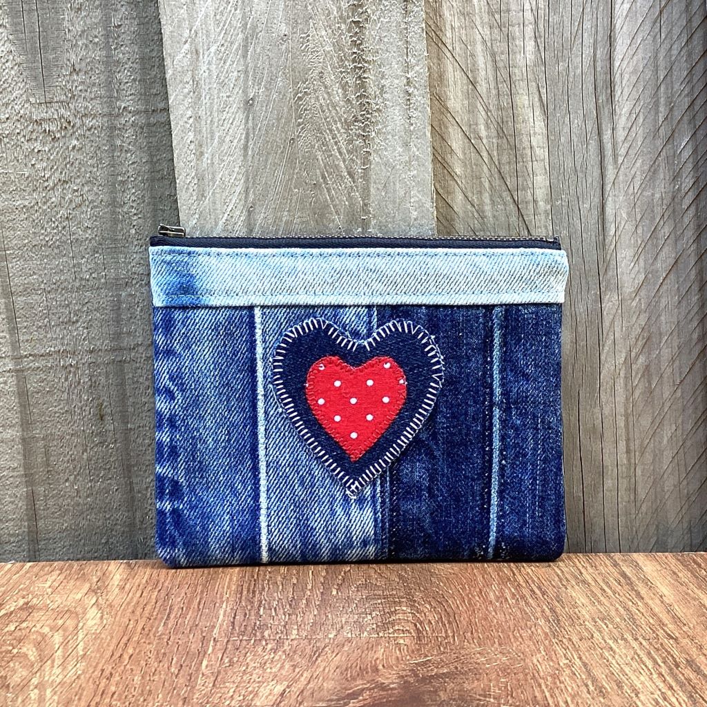 Upcycled Denim Purse – Denim & Red Polka Dot Heart