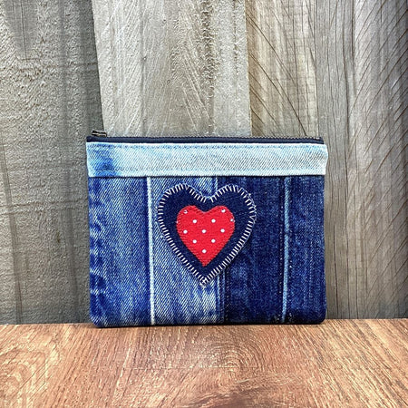 Upcycled Denim Purse – Denim & Red Polka Dot Heart