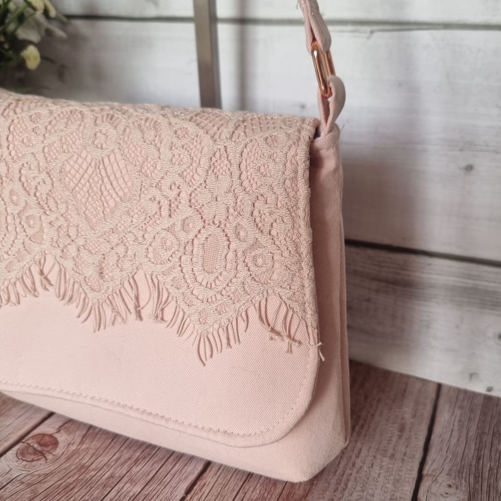 Upcycled small messenger bag - pale blush pink & lace