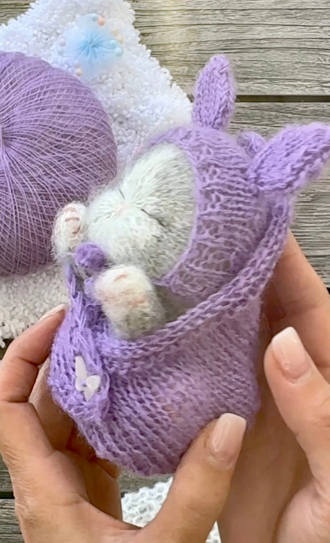 Handmade Grey and White Knitted Sleeping Kitty Toy in The Purple Bunny Hat and Blanket