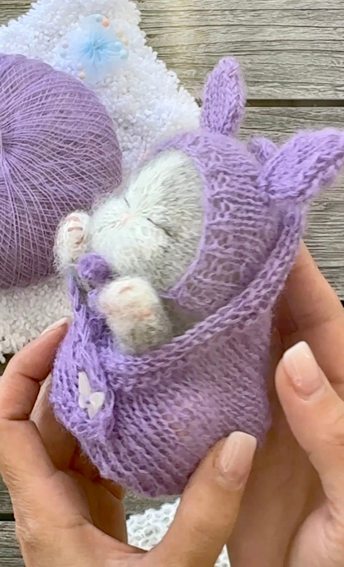 Handmade Grey and White Knitted Sleeping Kitty Toy in The Purple Bunny Hat and Blanket