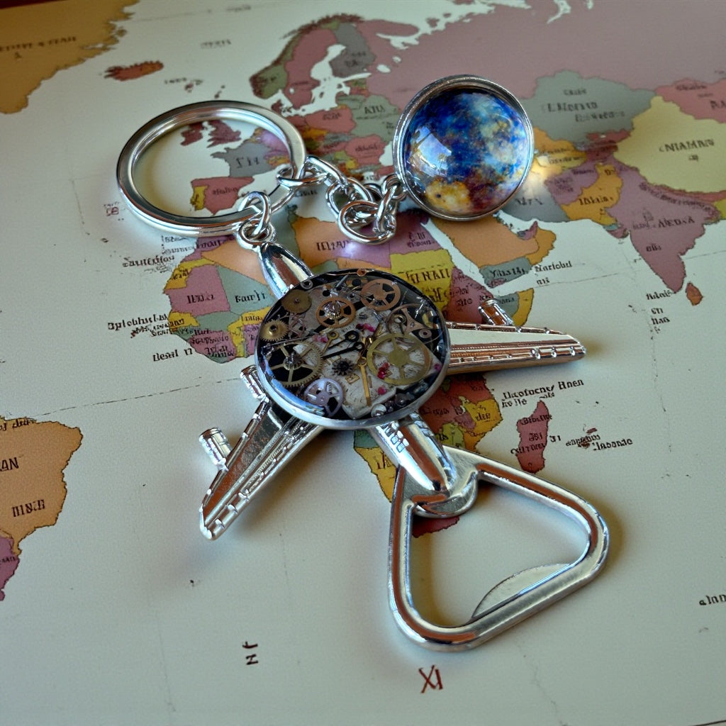 Steampunk watch parts plane (with world) bottle opener