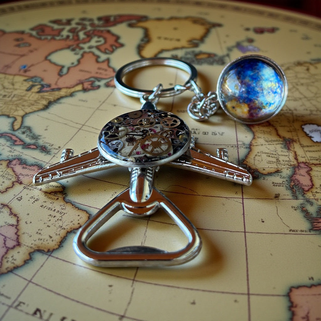 Steampunk watch parts plane (with world) bottle opener