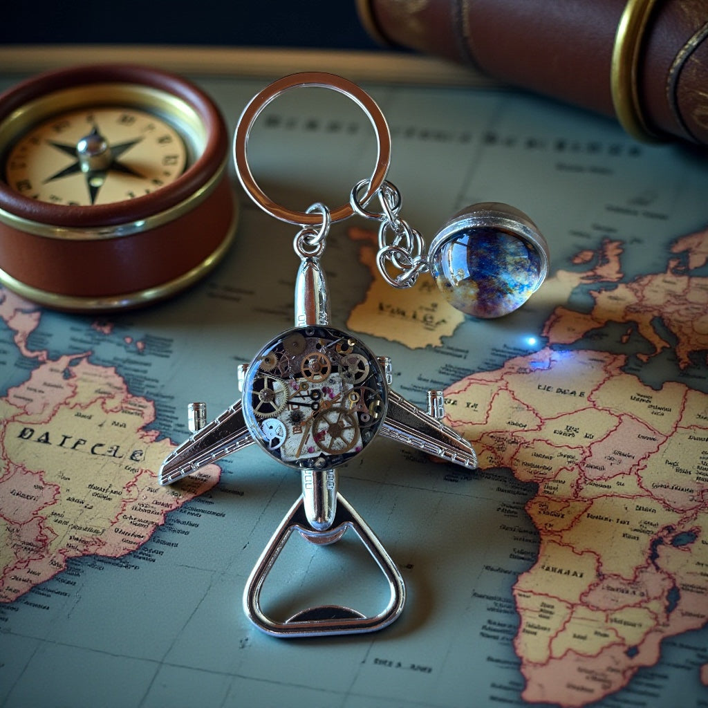 Steampunk watch parts plane (with world) bottle opener