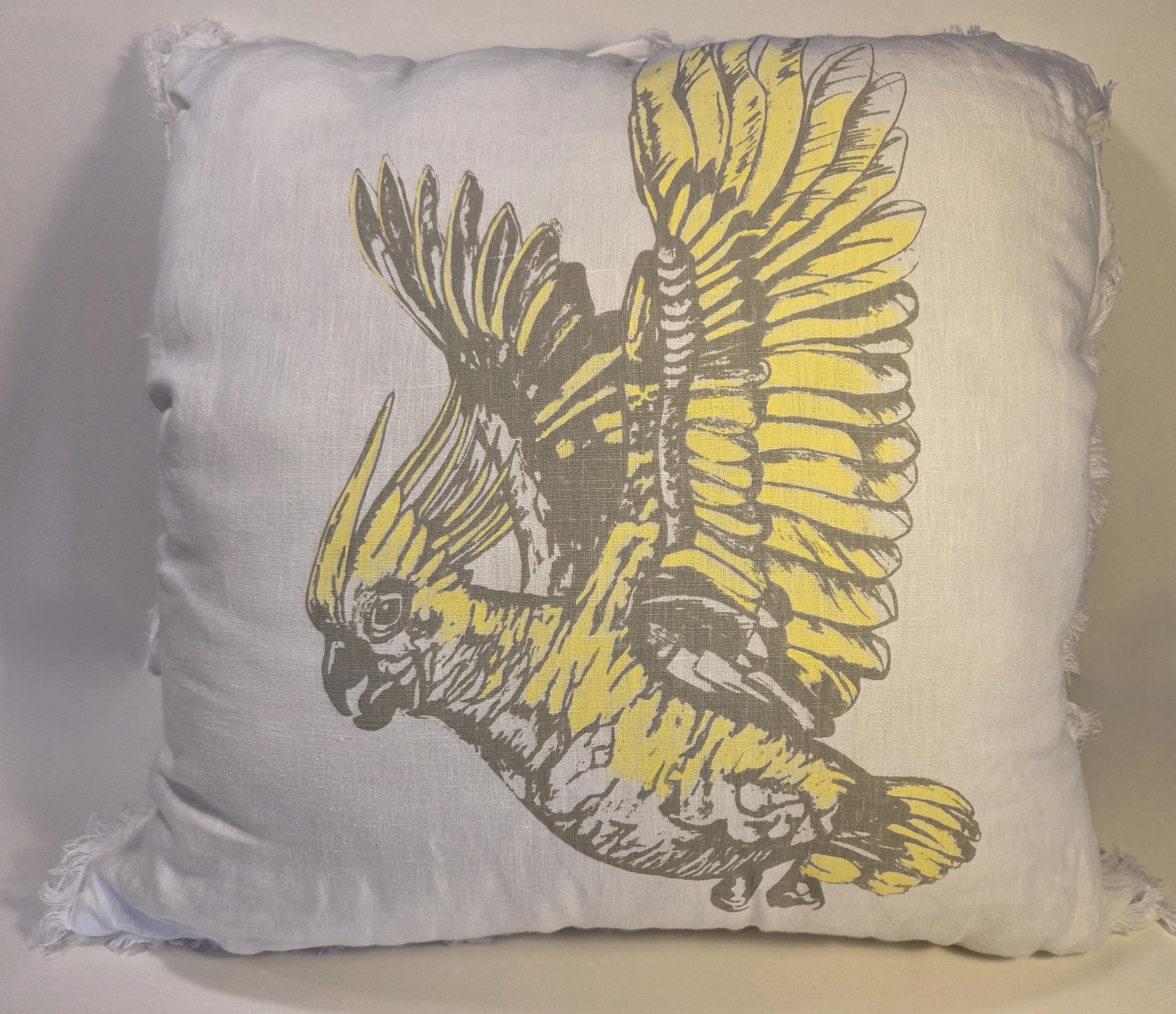 Hand Screen Printed Cockatoo- French Linen cushion covers (2 sided)