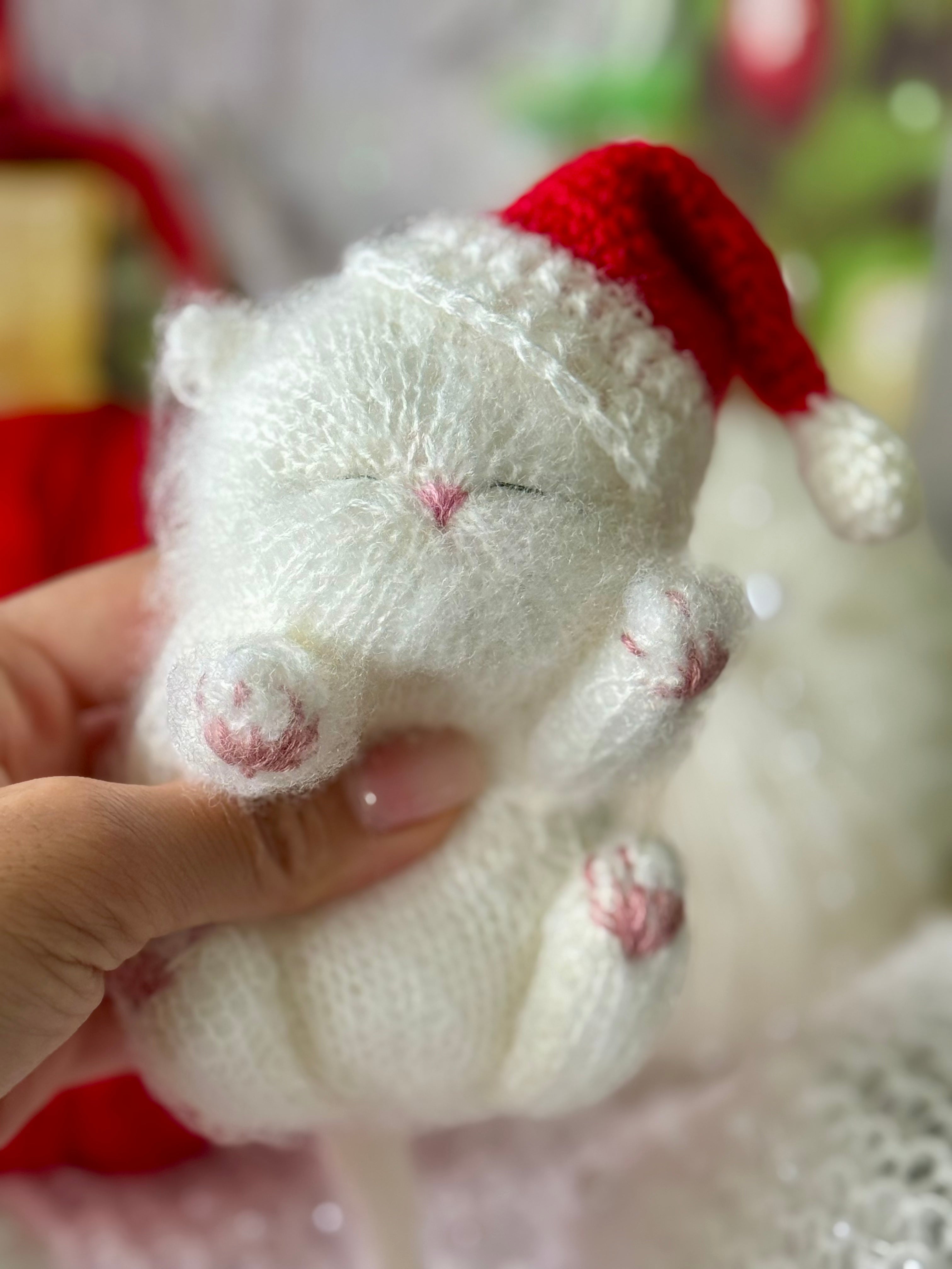 Handmade Christmas White Knitted Sleeping Kitty in Red Santa Hat Toy