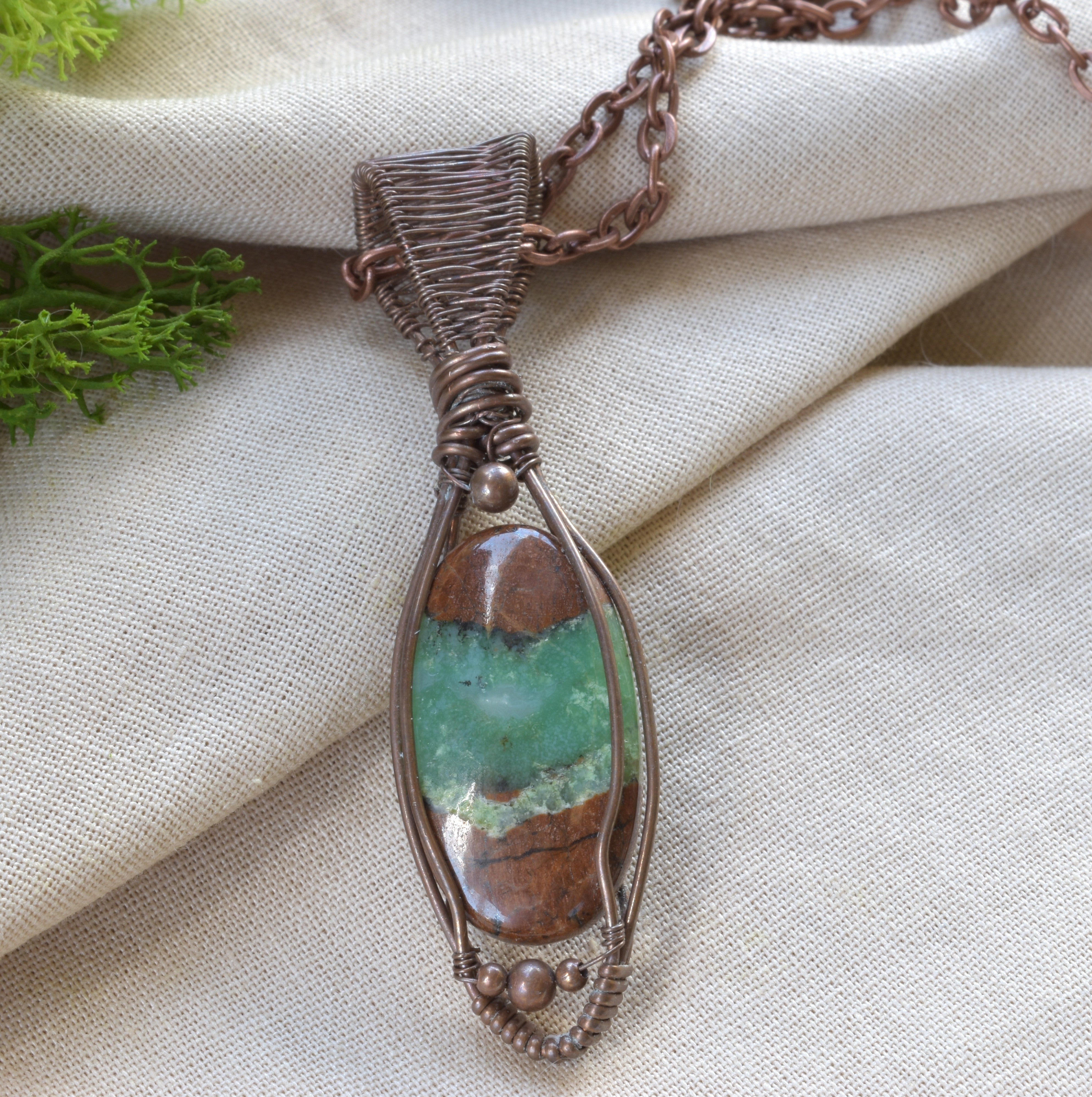Between Rains – Australian Chrysoprase Copper Wire Wrapped Pendant