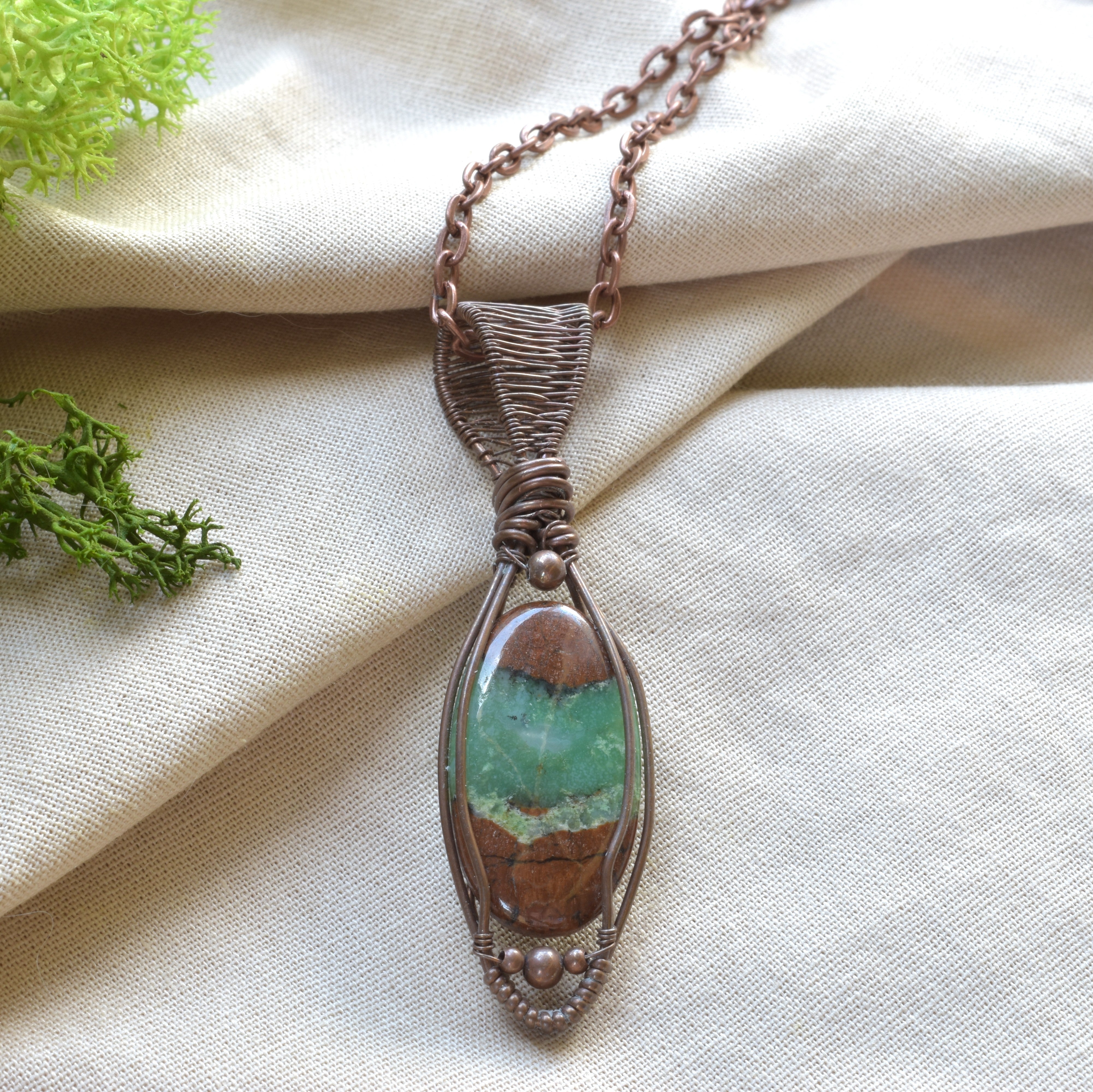 Between Rains – Australian Chrysoprase Copper Wire Wrapped Pendant