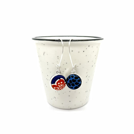 Double Sided Fabric Button Earrings - Blue and Red