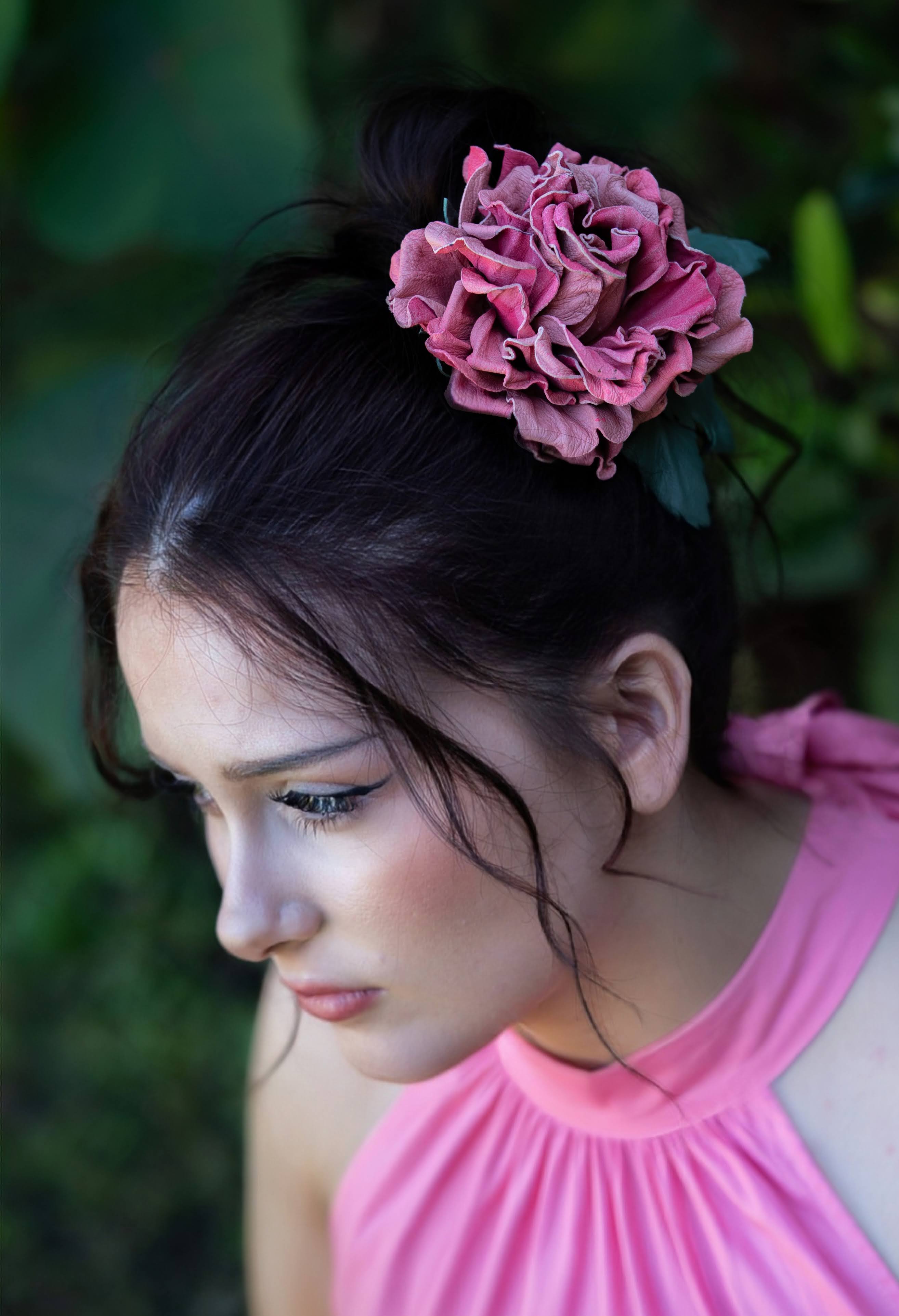 LEATHER dark pink ROSE " Blush Garden", corsage flower, pin brooch flower,  hair hat clip .
