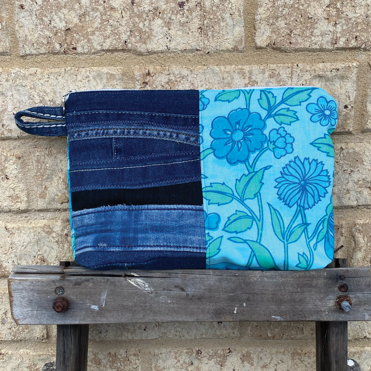 Handmade Pouch Cosmetic Bag Upcycled Vintage Retro - Blue Jean Bloom