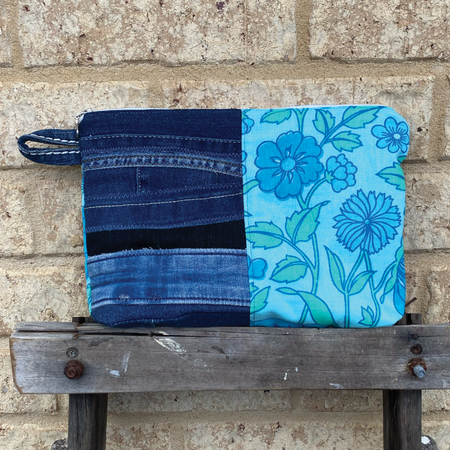 Handmade Pouch Cosmetic Bag Upcycled Vintage Retro - Blue Jean Bloom