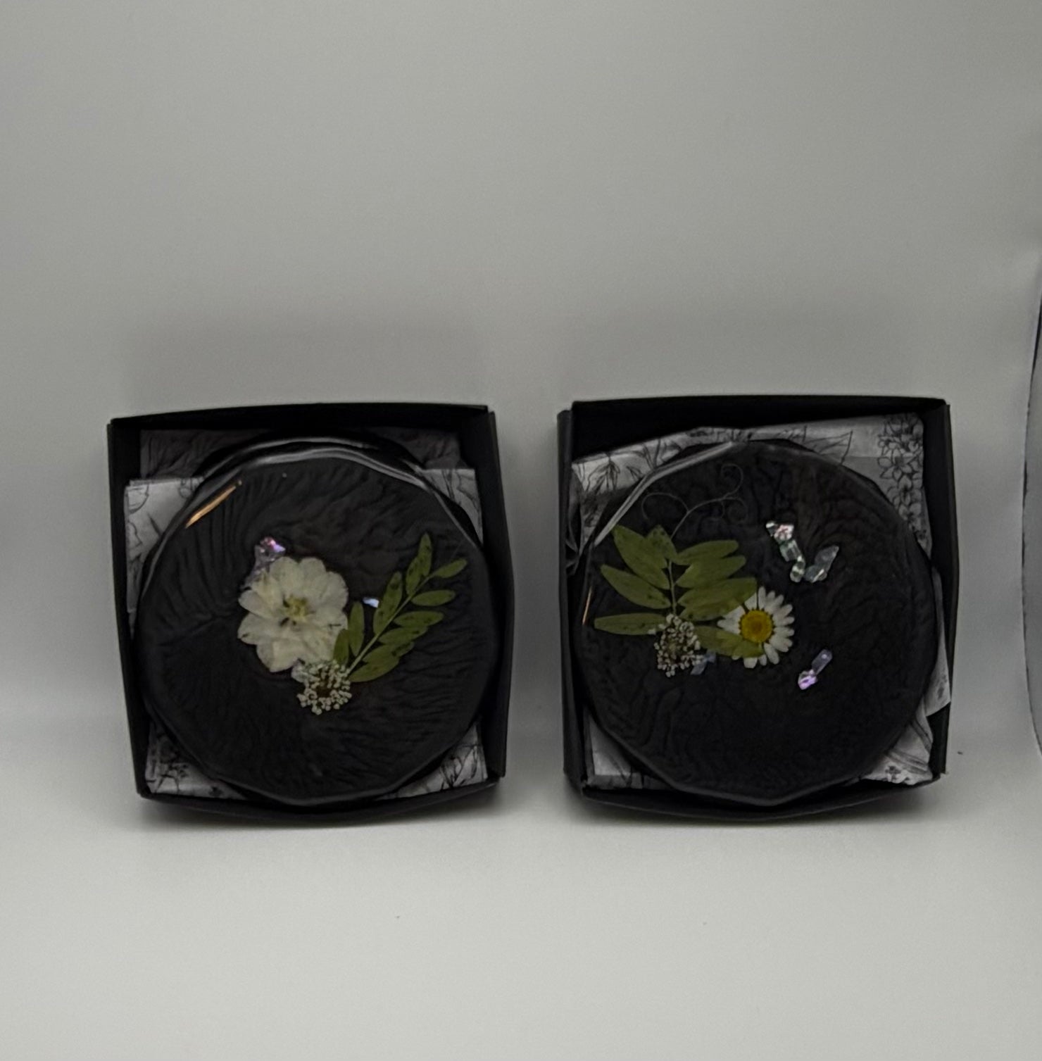 Handcrafted pressed white flower Resin Coasters - set of 4
