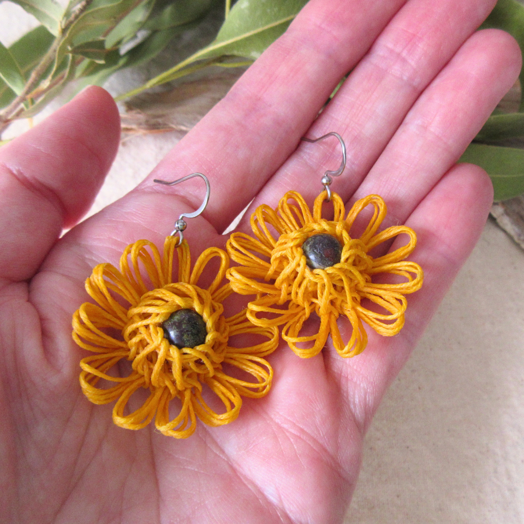 Sunshine Bloom | Yellow Handmade Flower Earrings with Choice of Gemstone | Woven Bloom Tales Collection