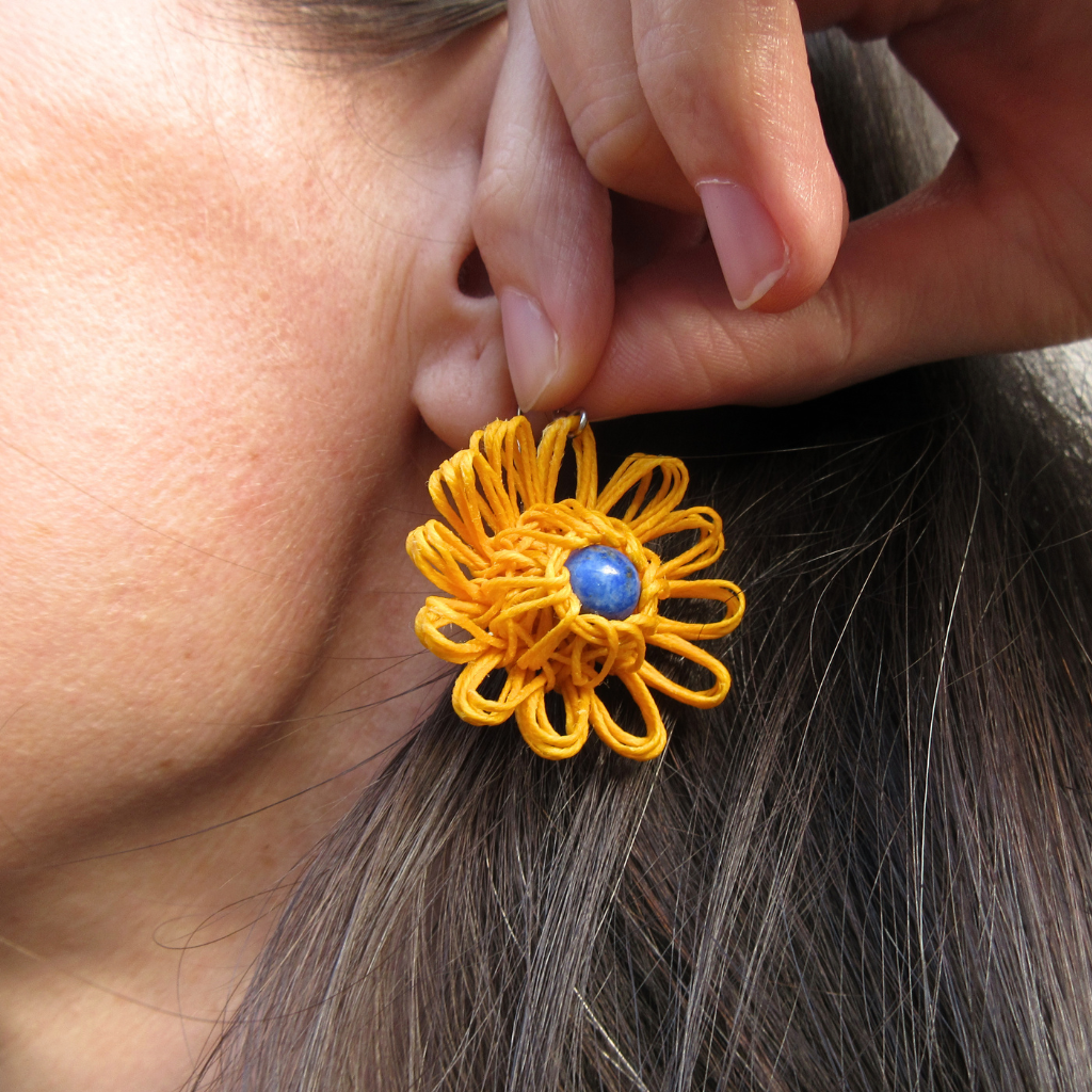 Sunshine Bloom | Yellow Handmade Flower Earrings with Choice of Gemstone | Woven Bloom Tales Collection