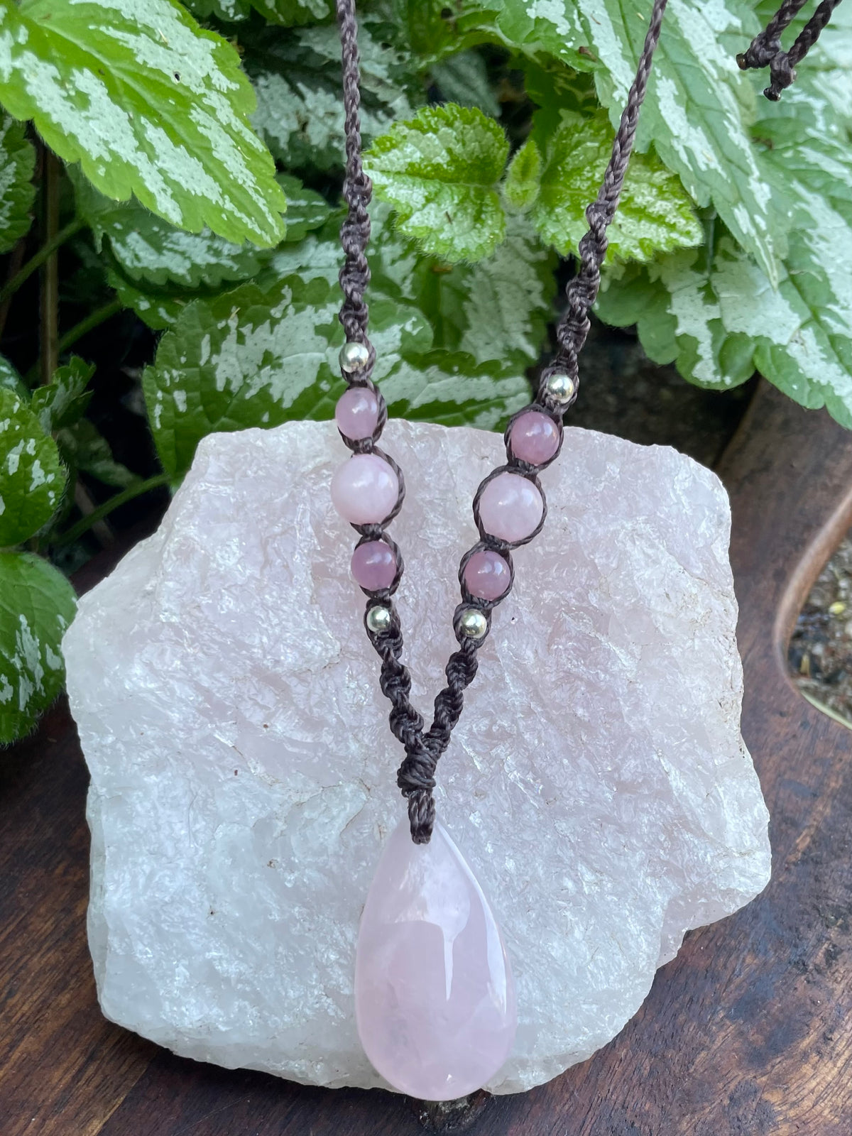 Rose Quartz Pendant, Necklace, adjustable boho macrame