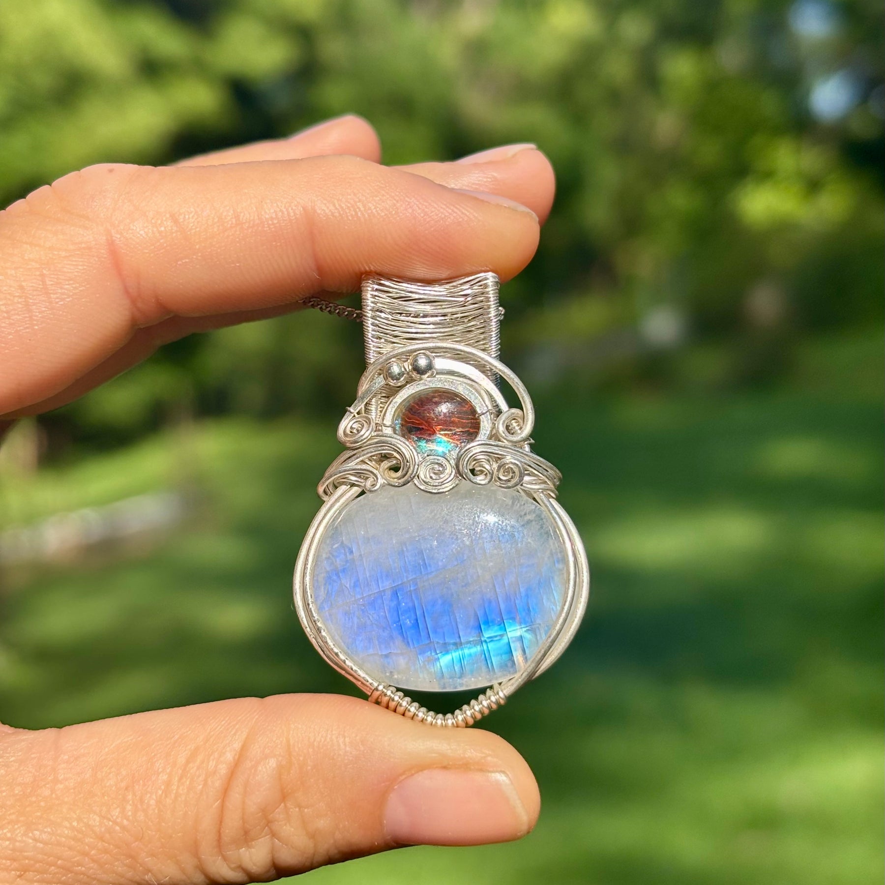 Moonstone Aura Quartz silver crystal pendant