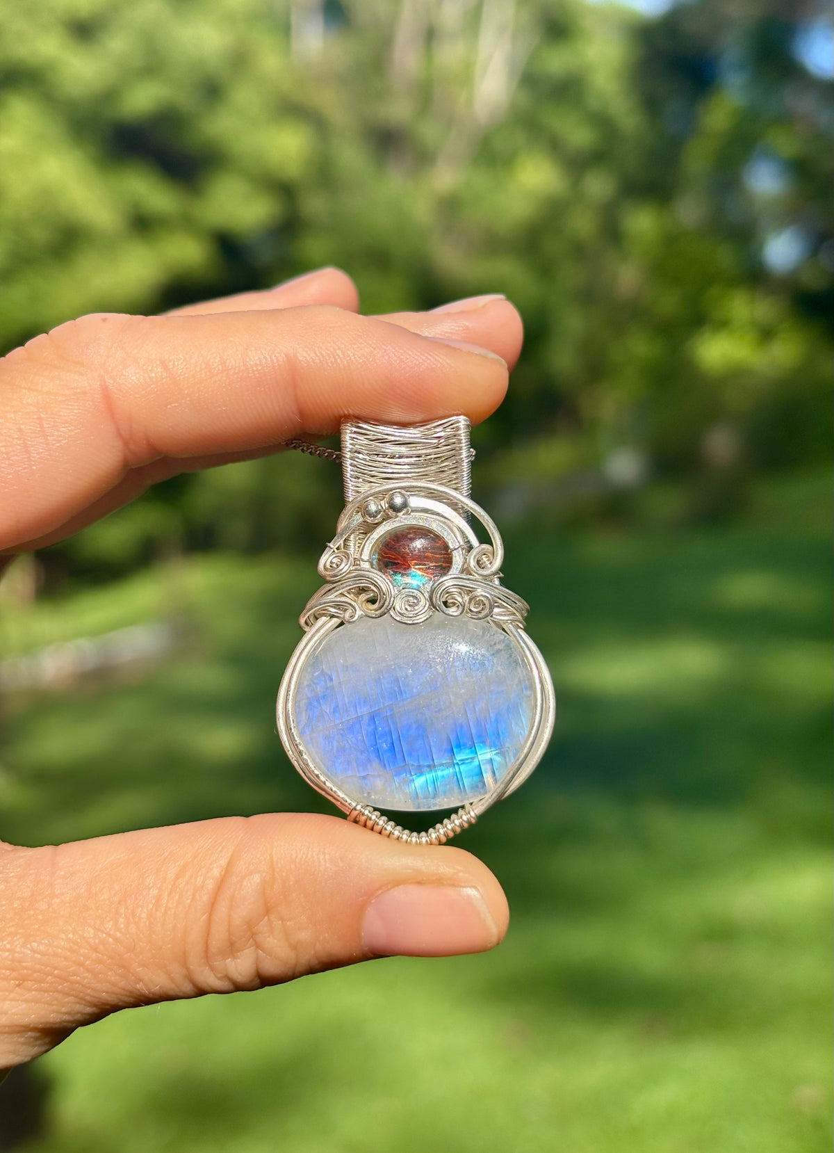 Moonstone Aura Quartz silver crystal pendant