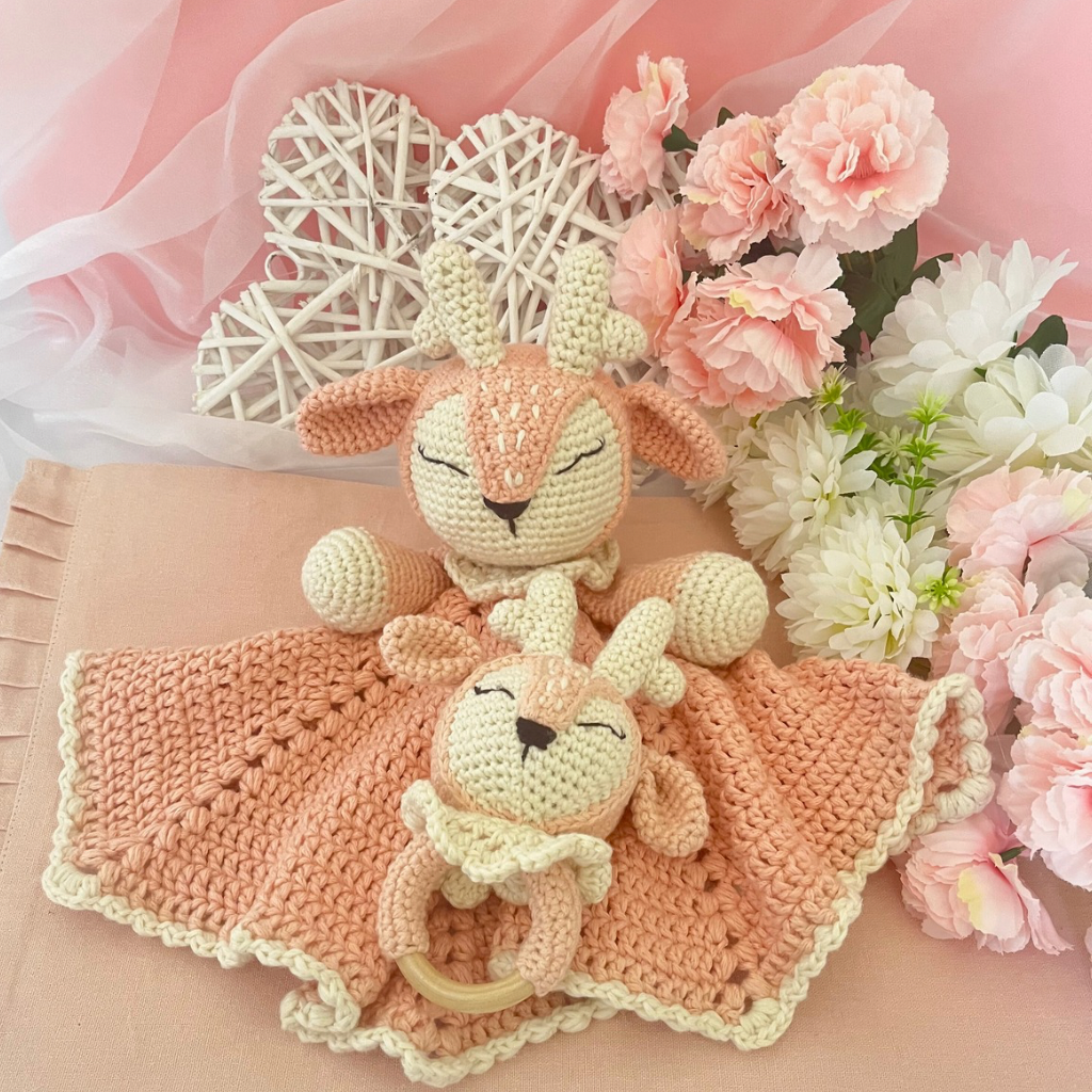 Crochet Fawn Snuggler And Teether Baby Gift Set
