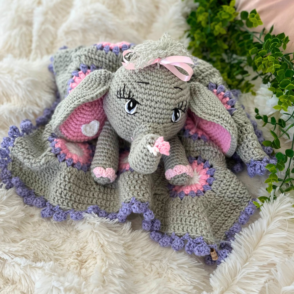 Crochet Elephant Lovey Blanket Miss Ellie, Crochet Elephant Snuggler 50 cms