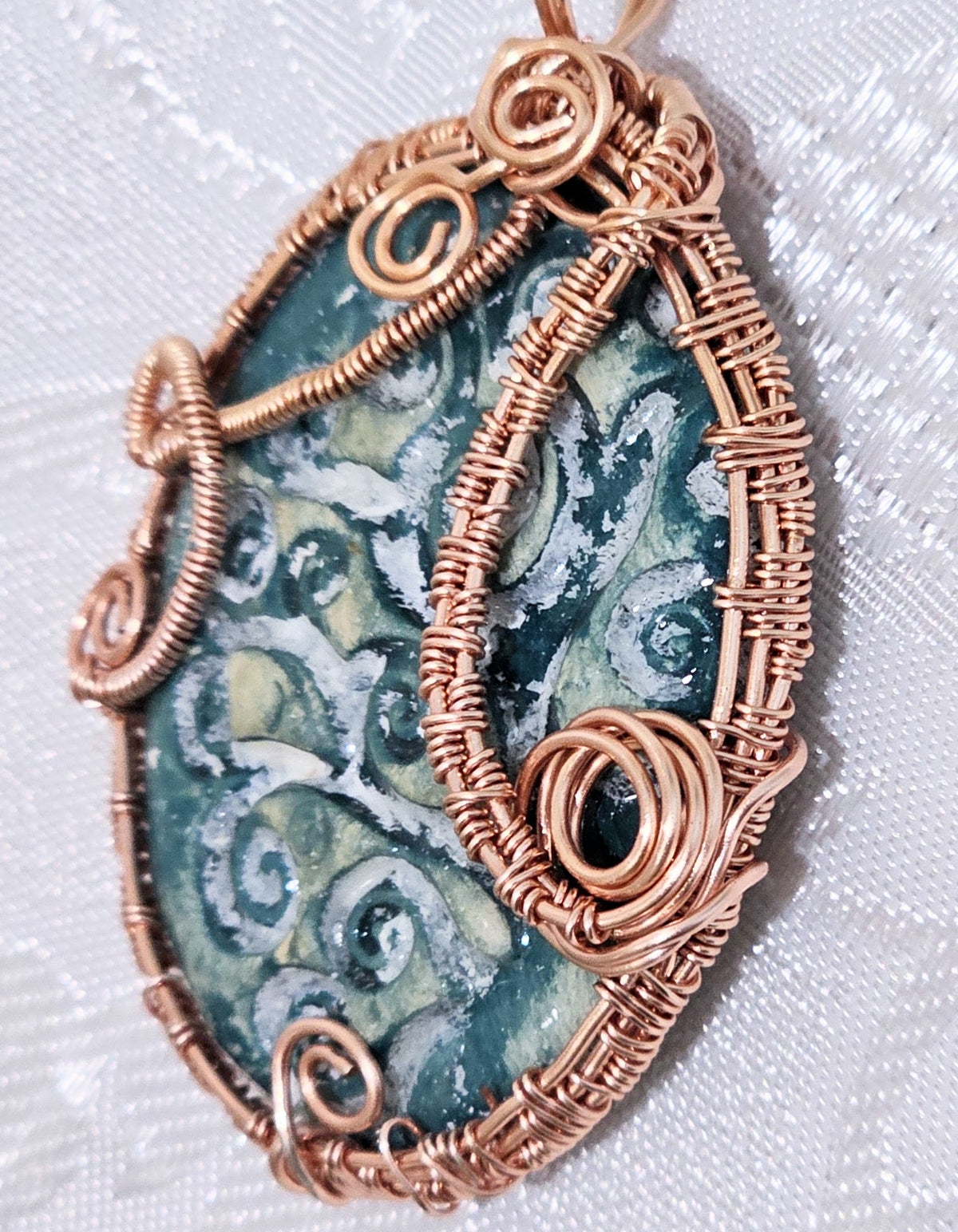 Handmade Ceramic Pendant Wrapped Rose Gold Colour Wire