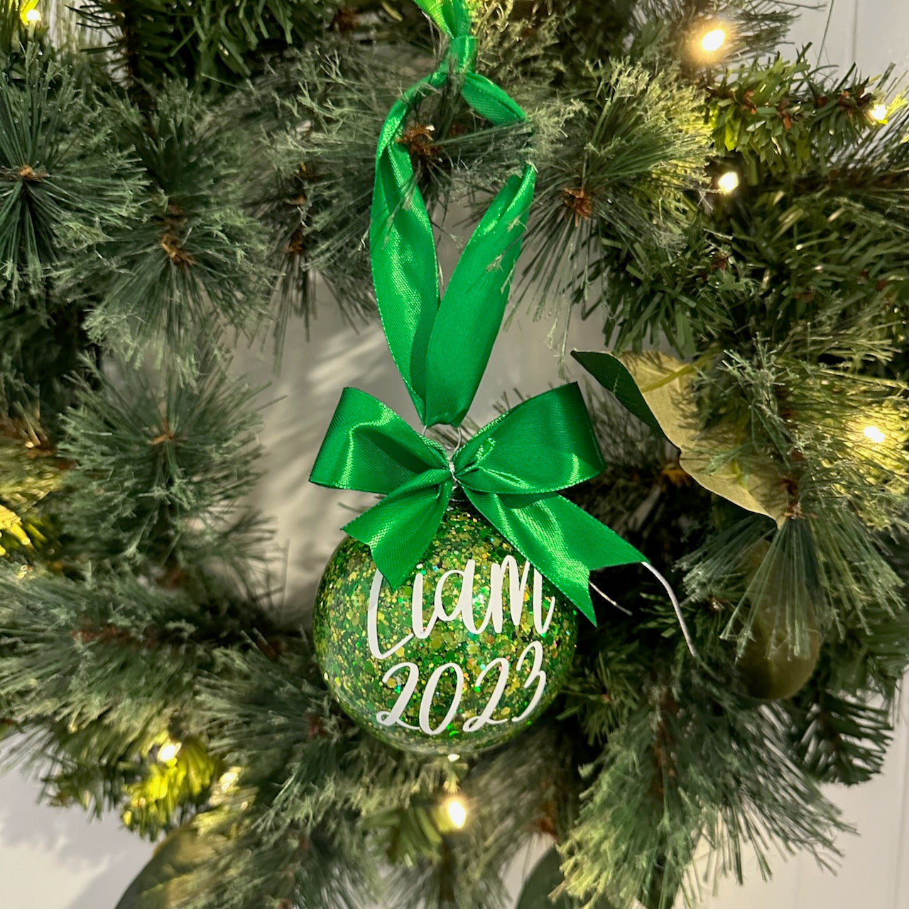 Personalised Christmas Baubles, Glitter Ornament With Names And Message