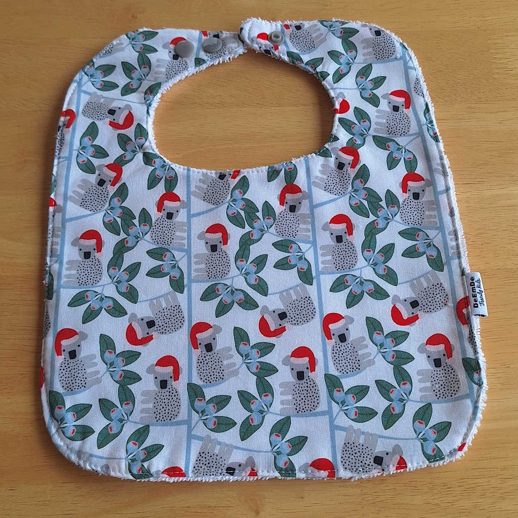 Handmade Australiana Christmas Baby Bib – Koalas in Gum Trees