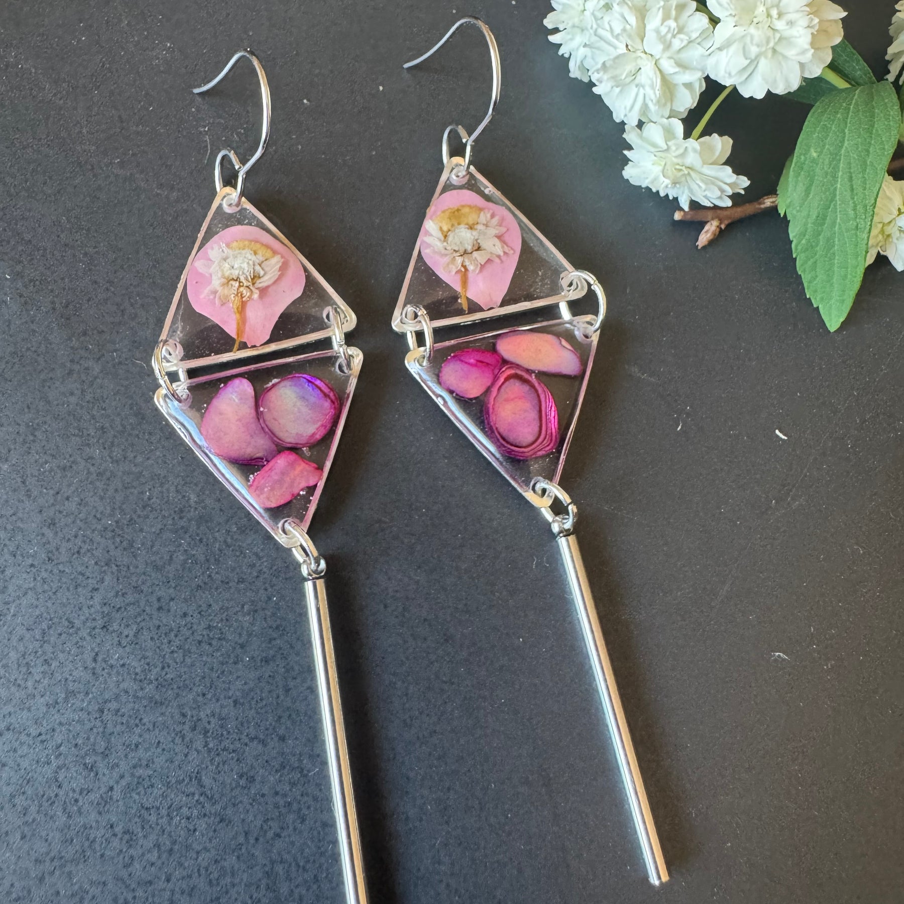 Double triangle cowrie shell and pressed flower resin earrings