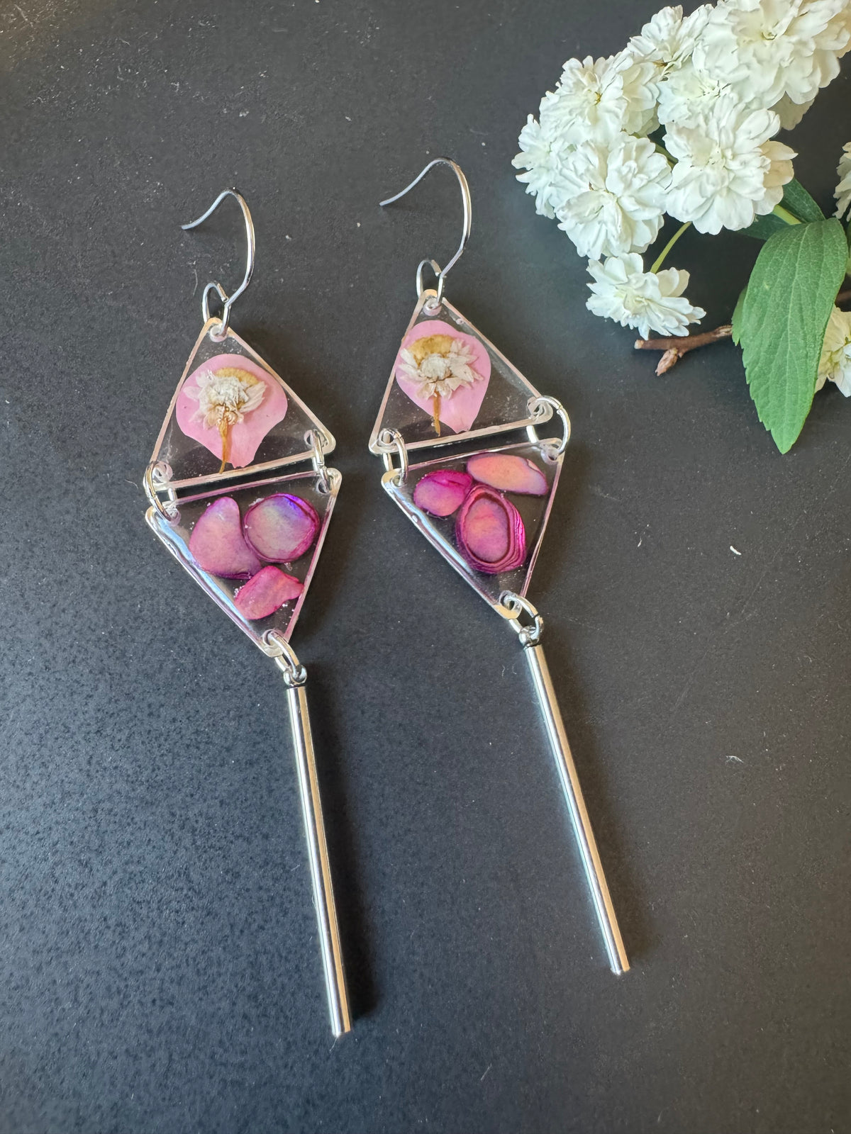 Double triangle cowrie shell and pressed flower resin earrings