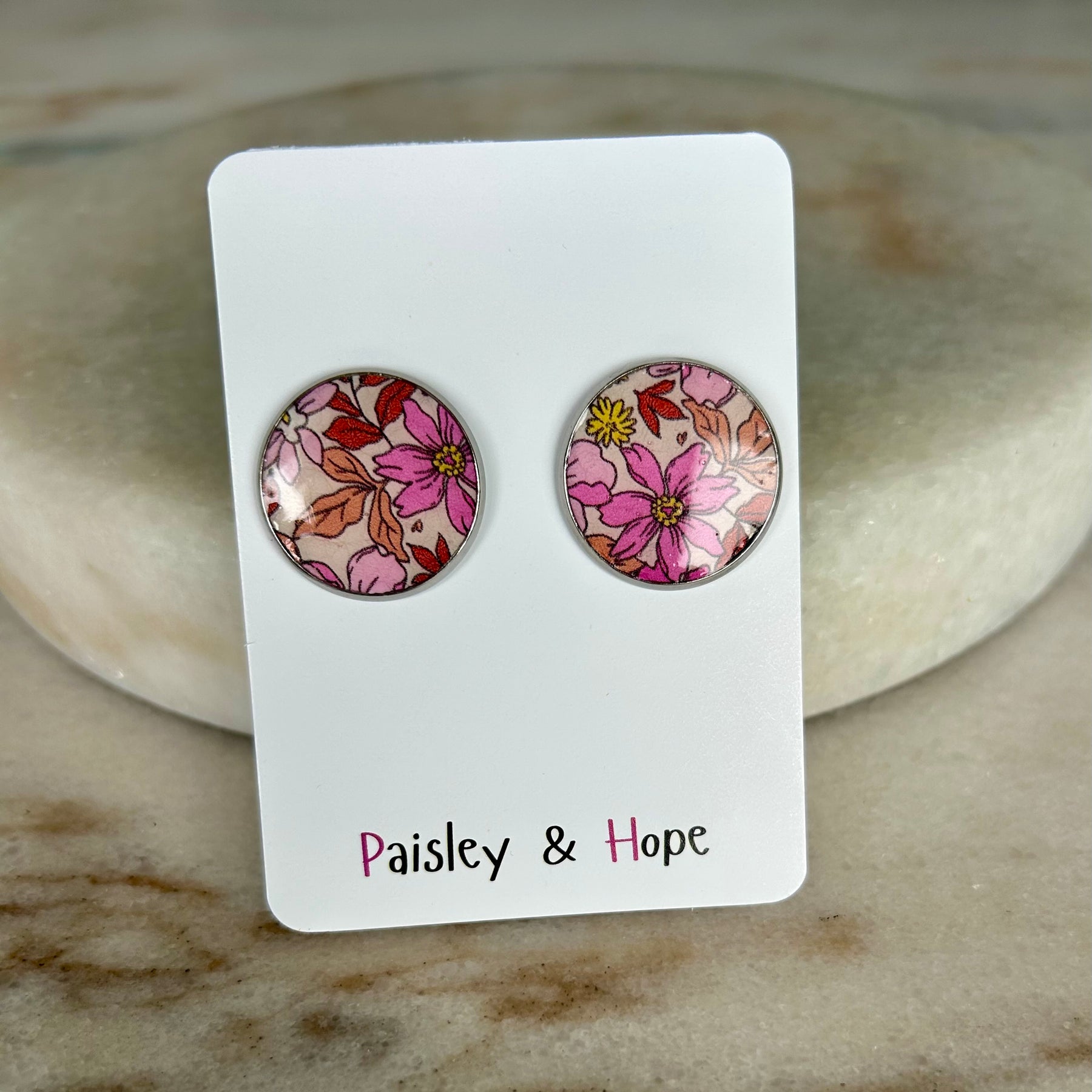 Floral Faux Leather Bezel Style Studs - Choose size