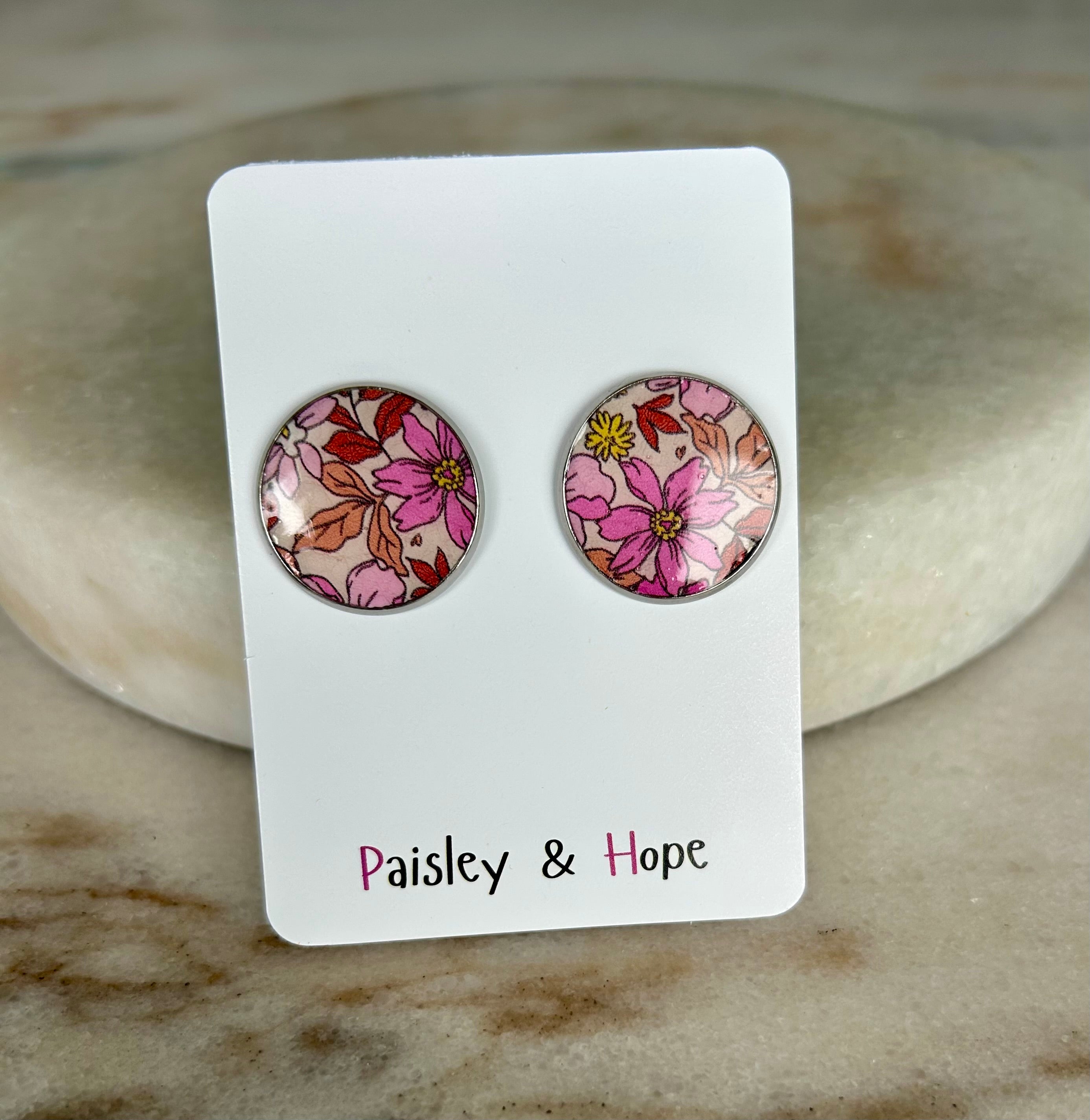 Floral Faux Leather Bezel Style Studs - Choose size