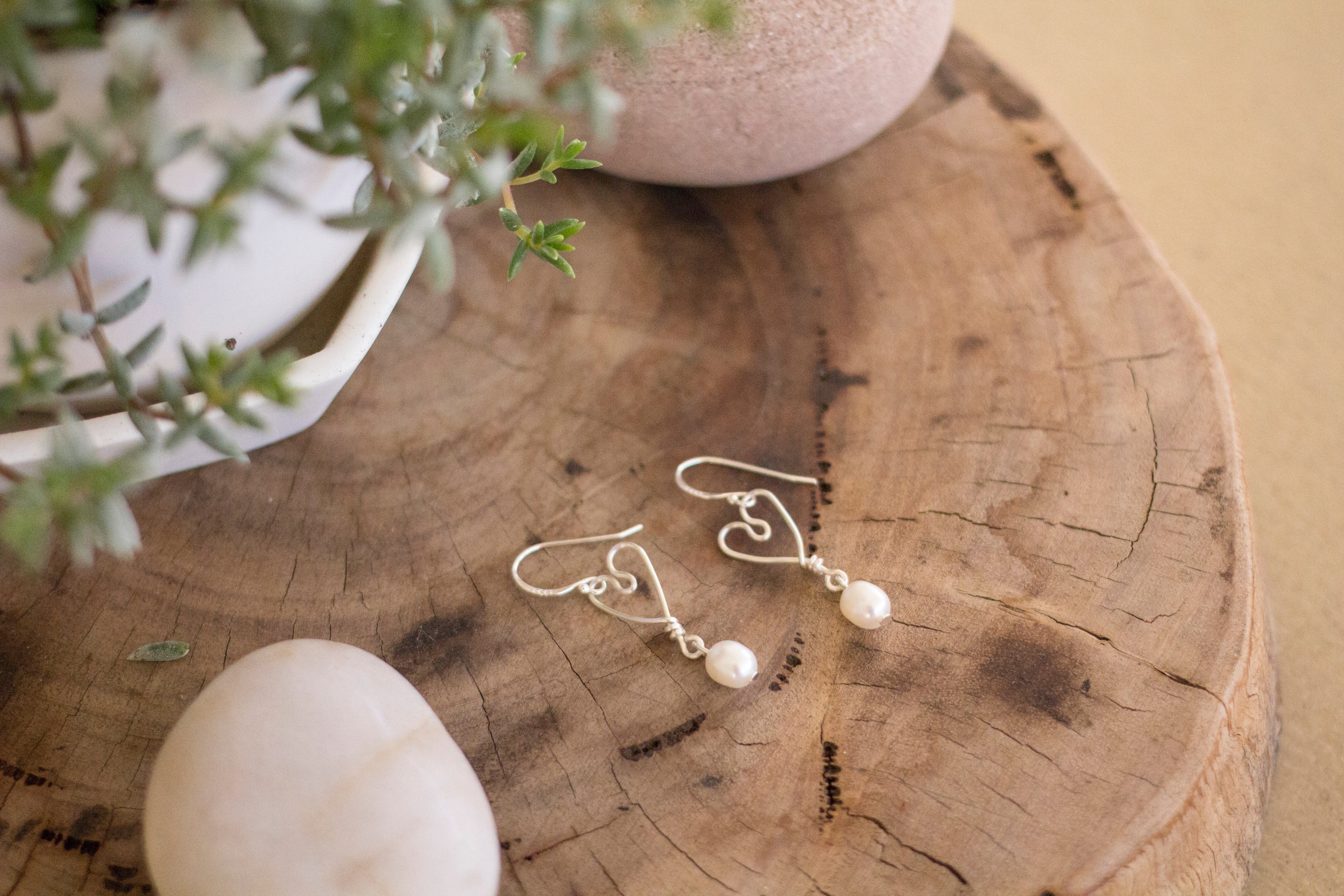 Silver Heart Earrings with Freshwater Pearls