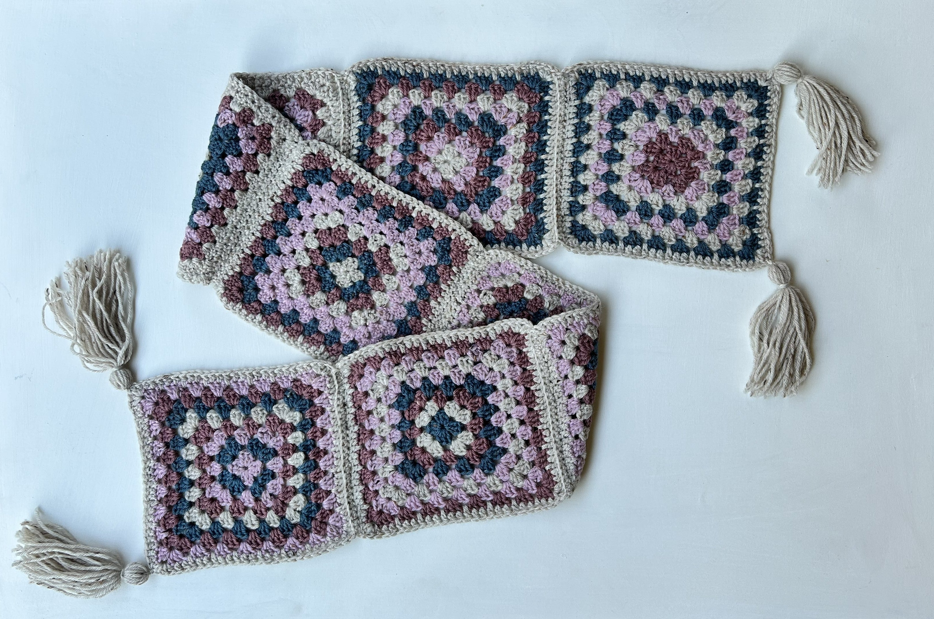 Granny Square Crochet Scarf with Tassels