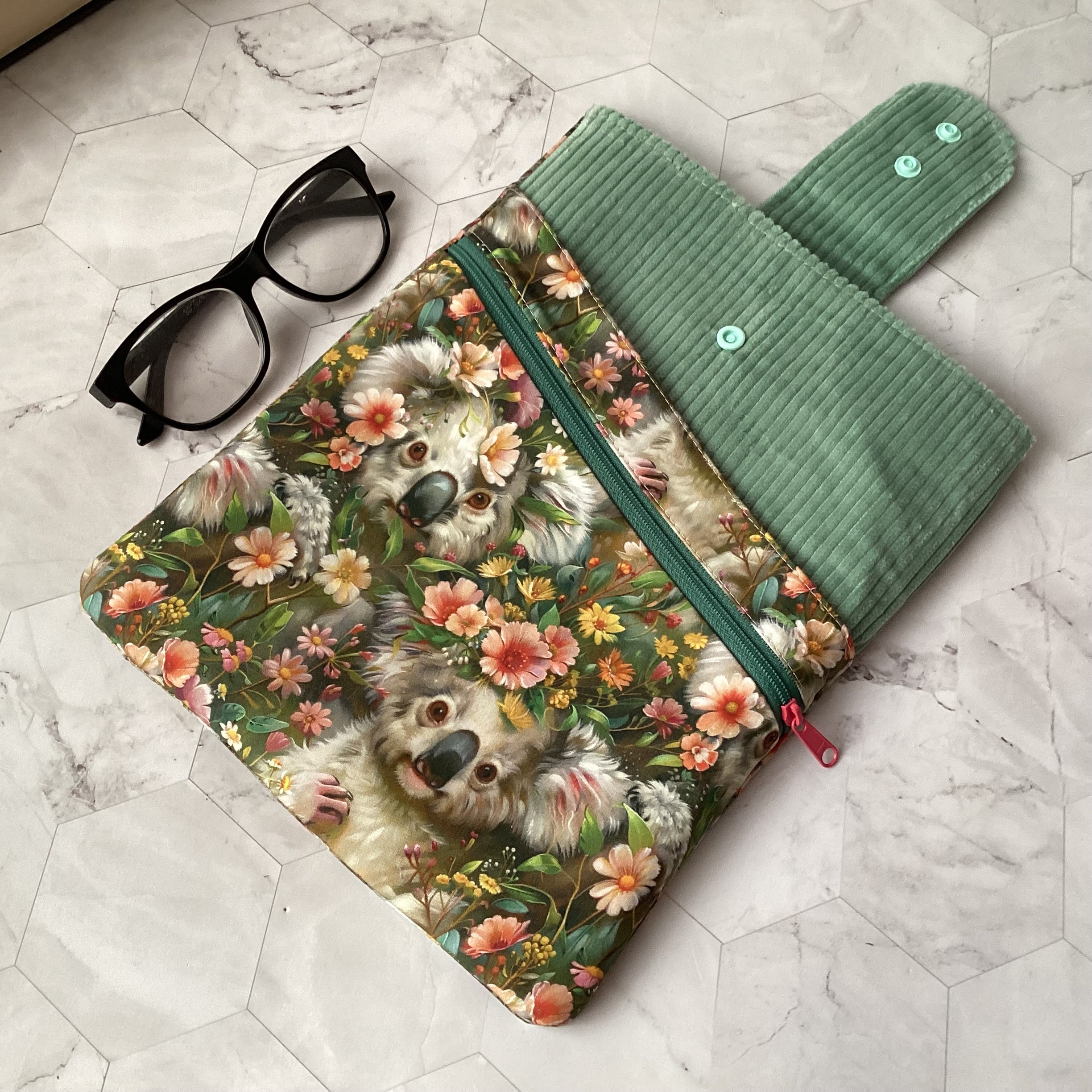 Australian Koalas book sleeve with 2 pockets. iPad, tablet pouch