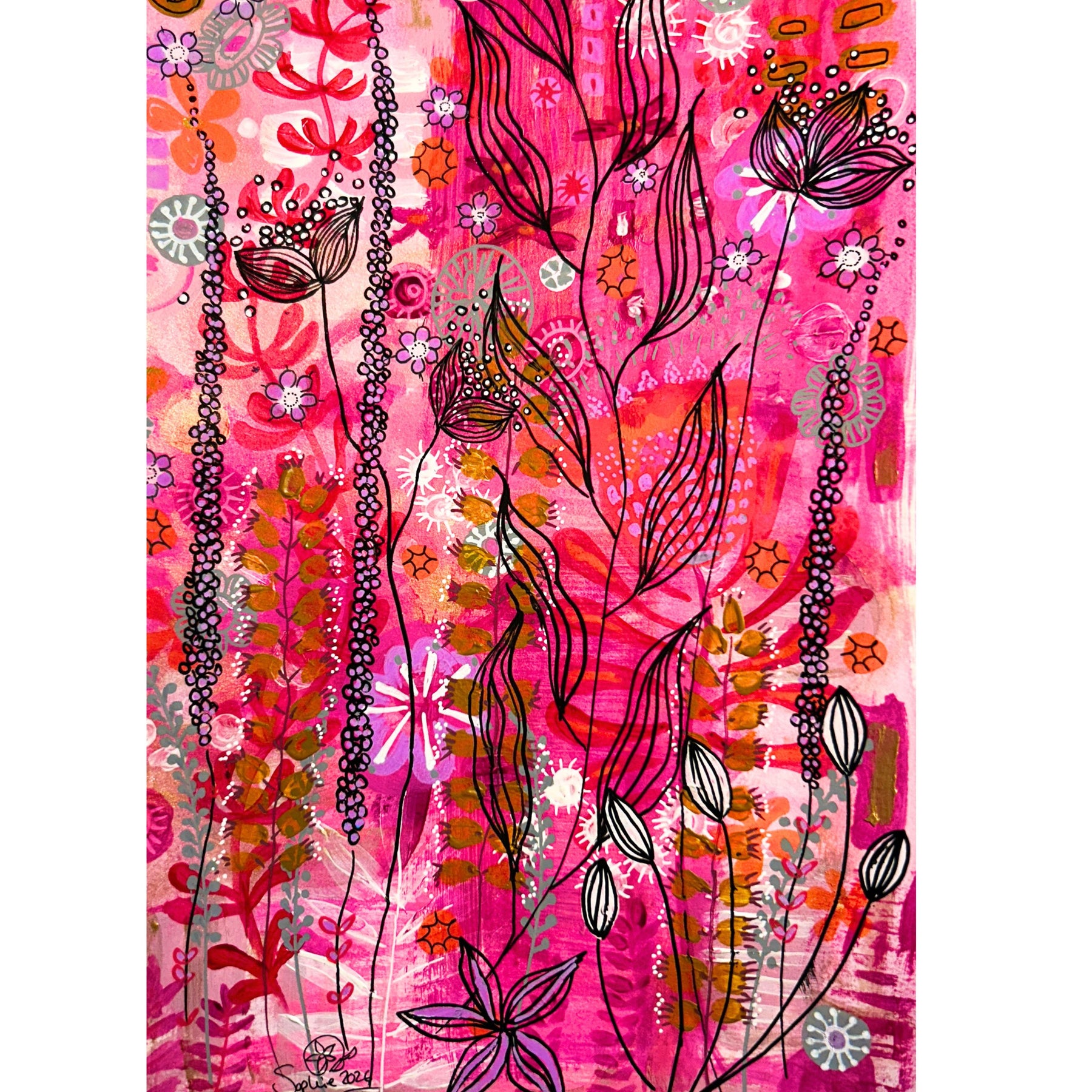 Original Hand-Painted Art: Ember Lines in Hot Pink