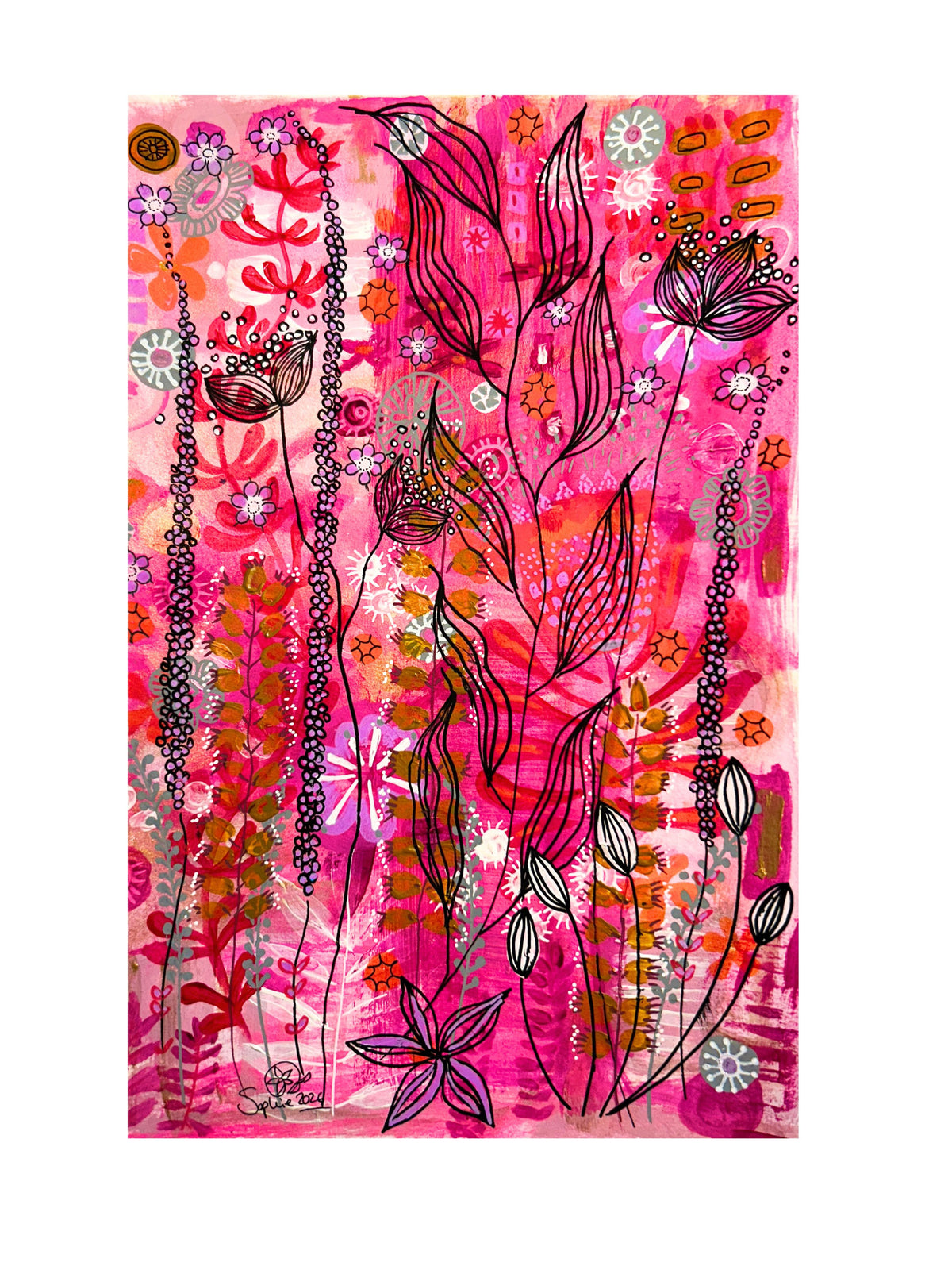 Original Hand-Painted Art: Ember Lines in Hot Pink