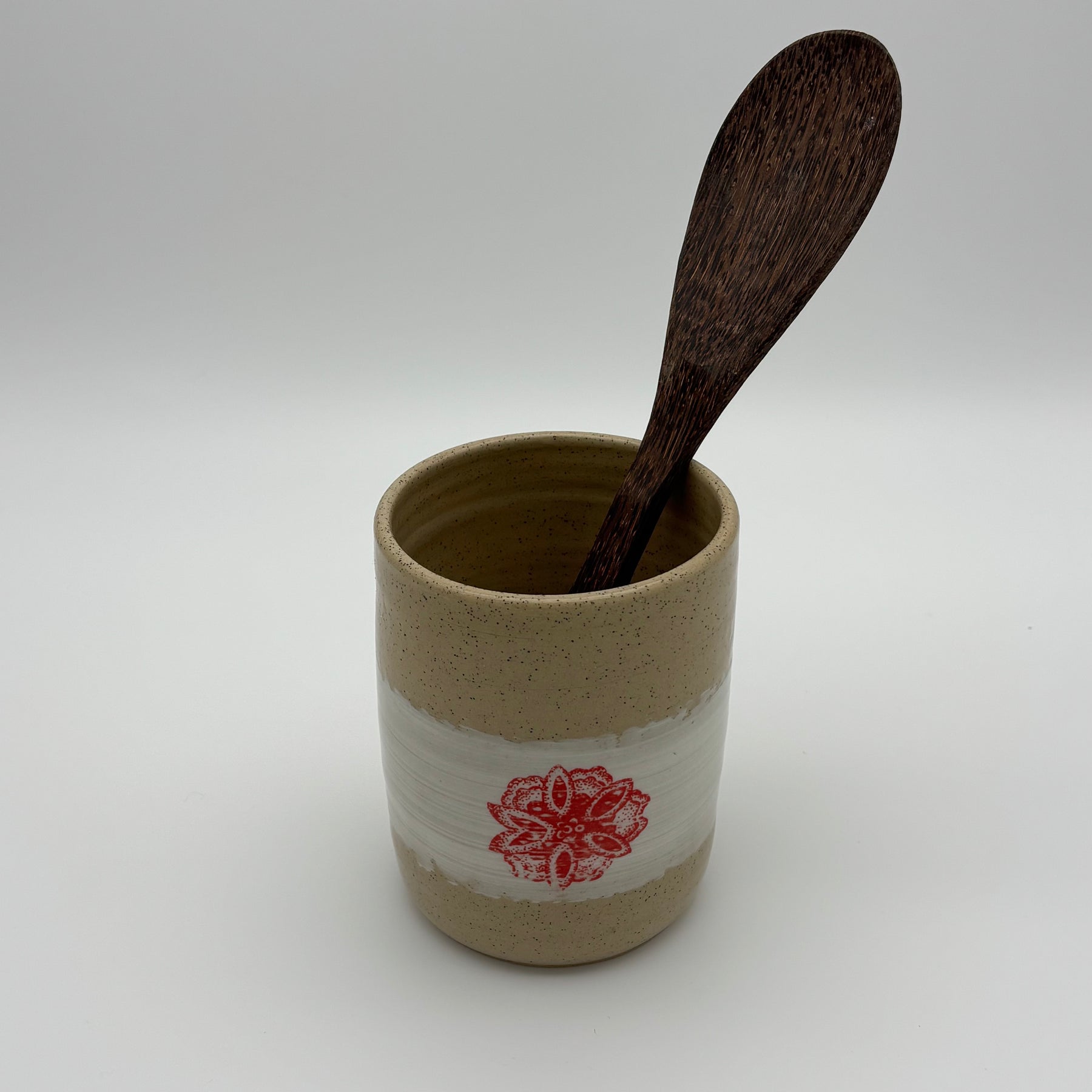 Functional Handmade Ceramic Utensils Holder | Wheel Thrown Stoneware Cylinder | Hand Painted in Slip | Floral