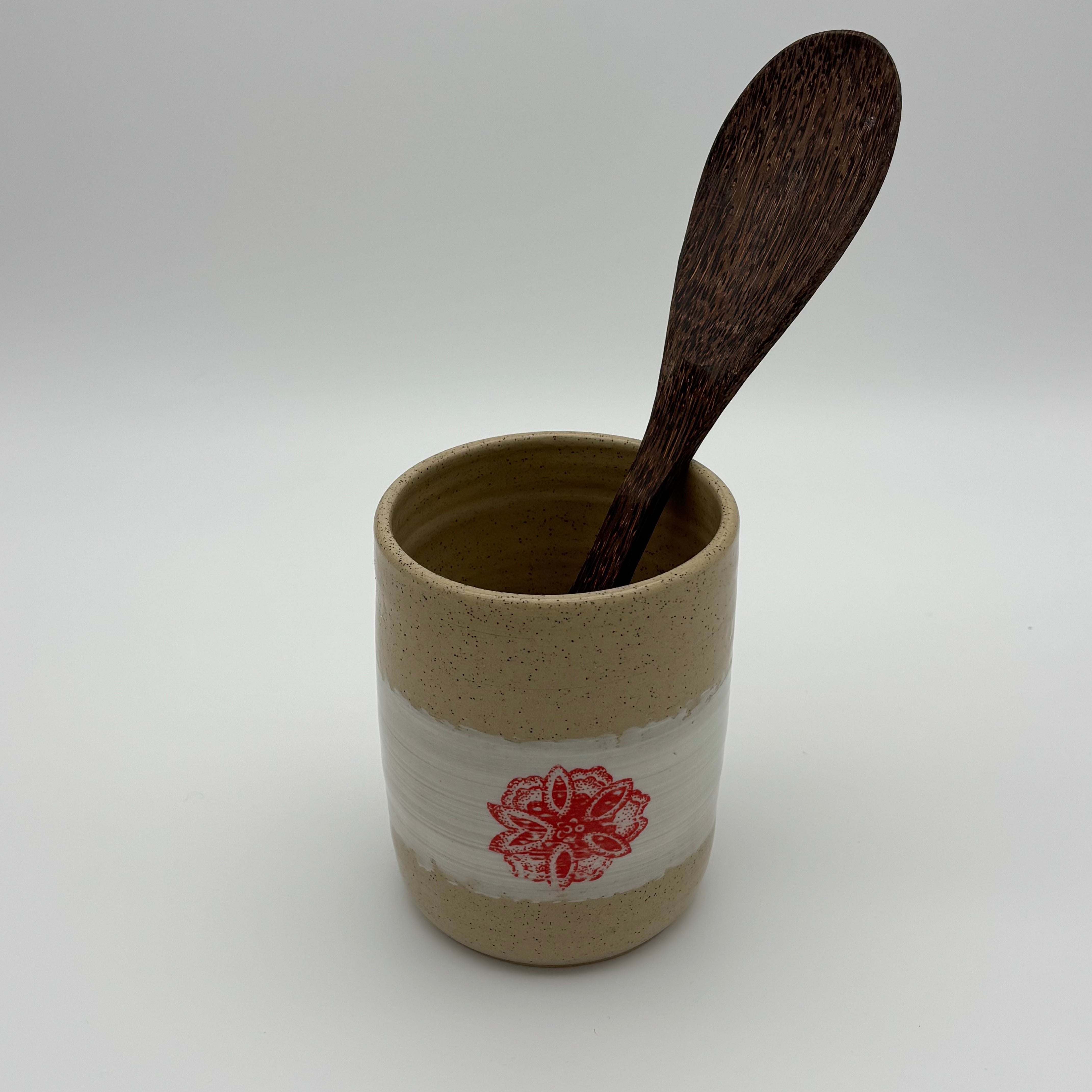 Functional Handmade Ceramic Utensils Holder | Wheel Thrown Stoneware Cylinder | Hand Painted in Slip | Floral